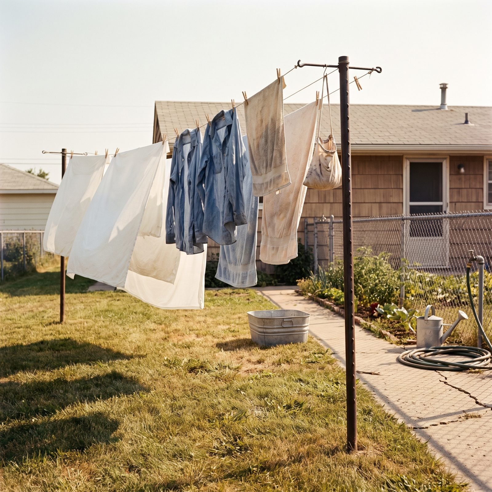 Clothes Dried on a Line Strung Across the Backyard