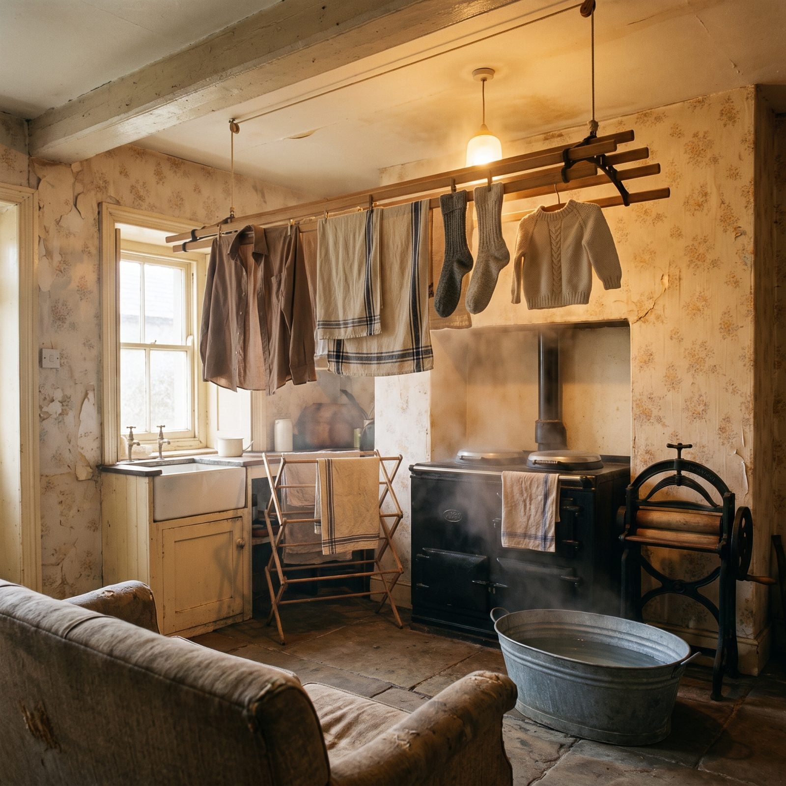 Clothes Dried on a Pulley Line Strung Across the Ceiling