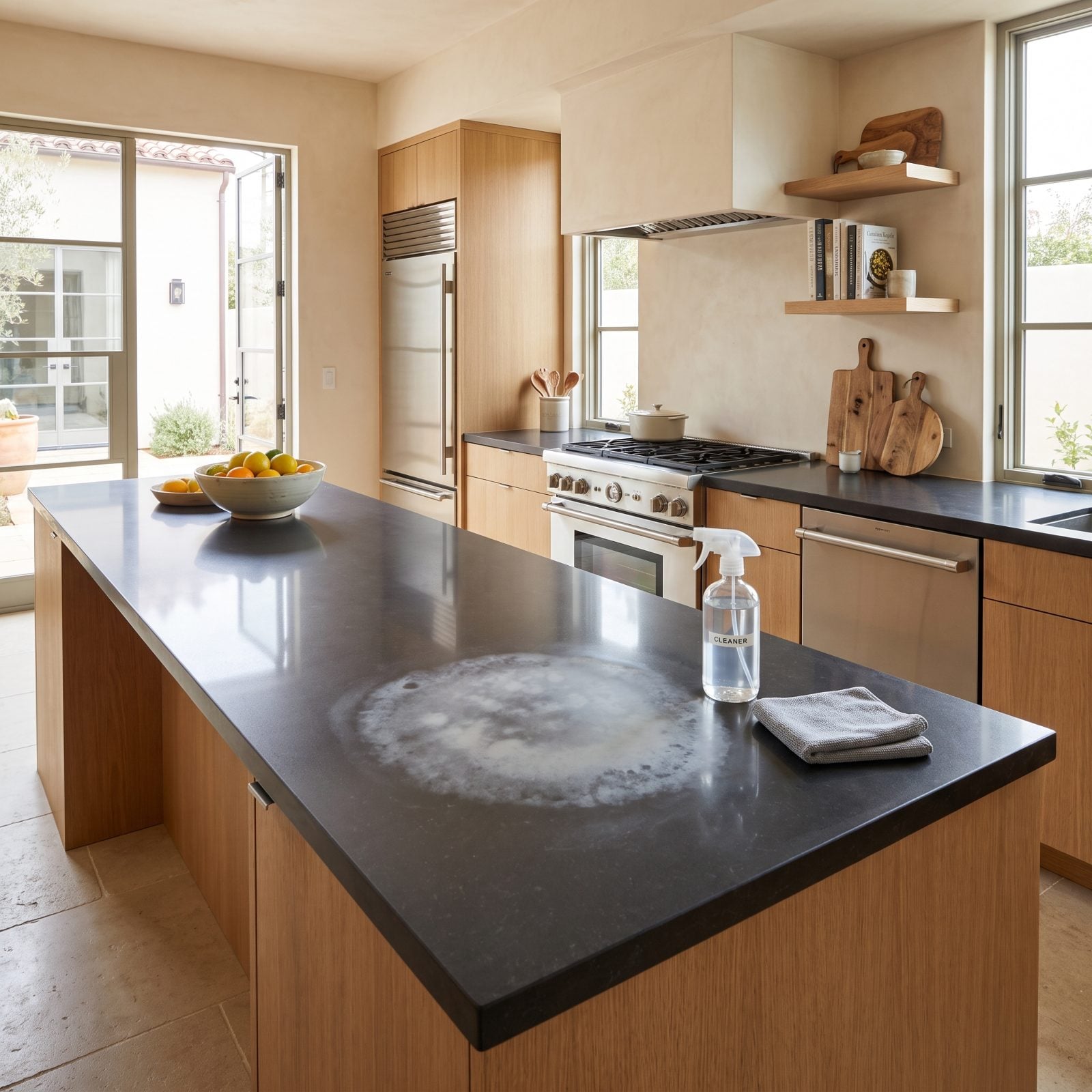 Dark charcoal quartz counter with a cloudy pale discolored patch the size of a dinner plate from bleach cleaner.