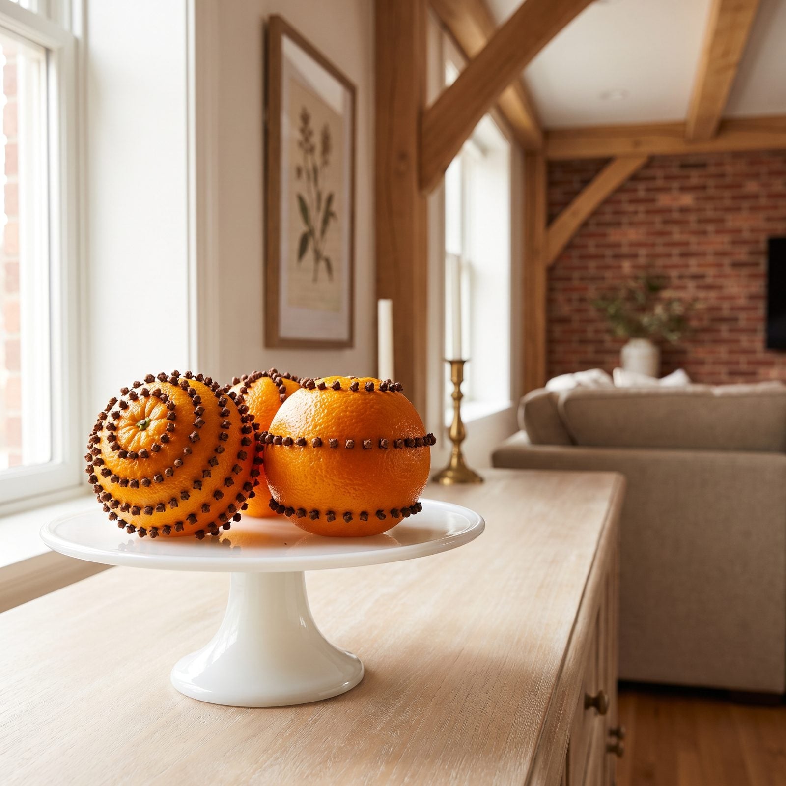 Clove-Studded Oranges Arranged on a Cake Stand