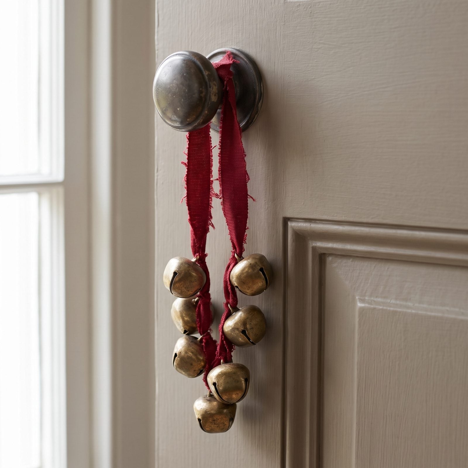 A Cluster of Brass Bells on an Interior Door