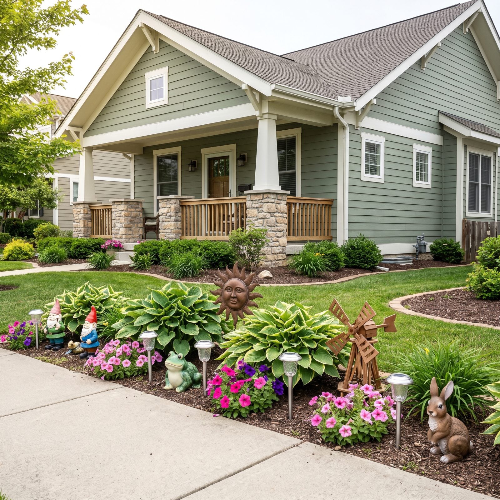 Sage green craftsman house with nine small lawn ornaments spaced along the front flower bed.