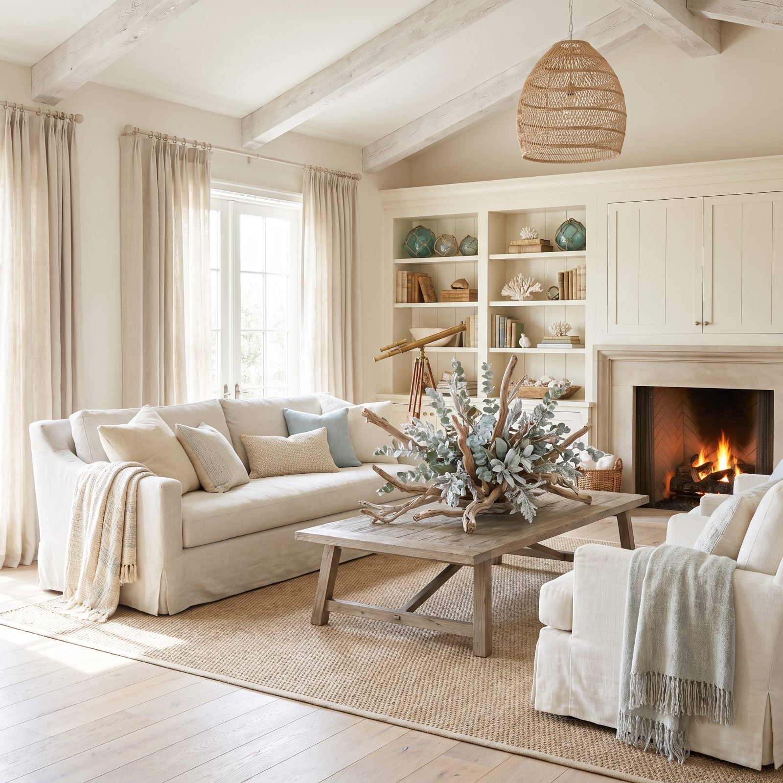 A Coastal Neutral Room With Driftwood and Frosted Greenery