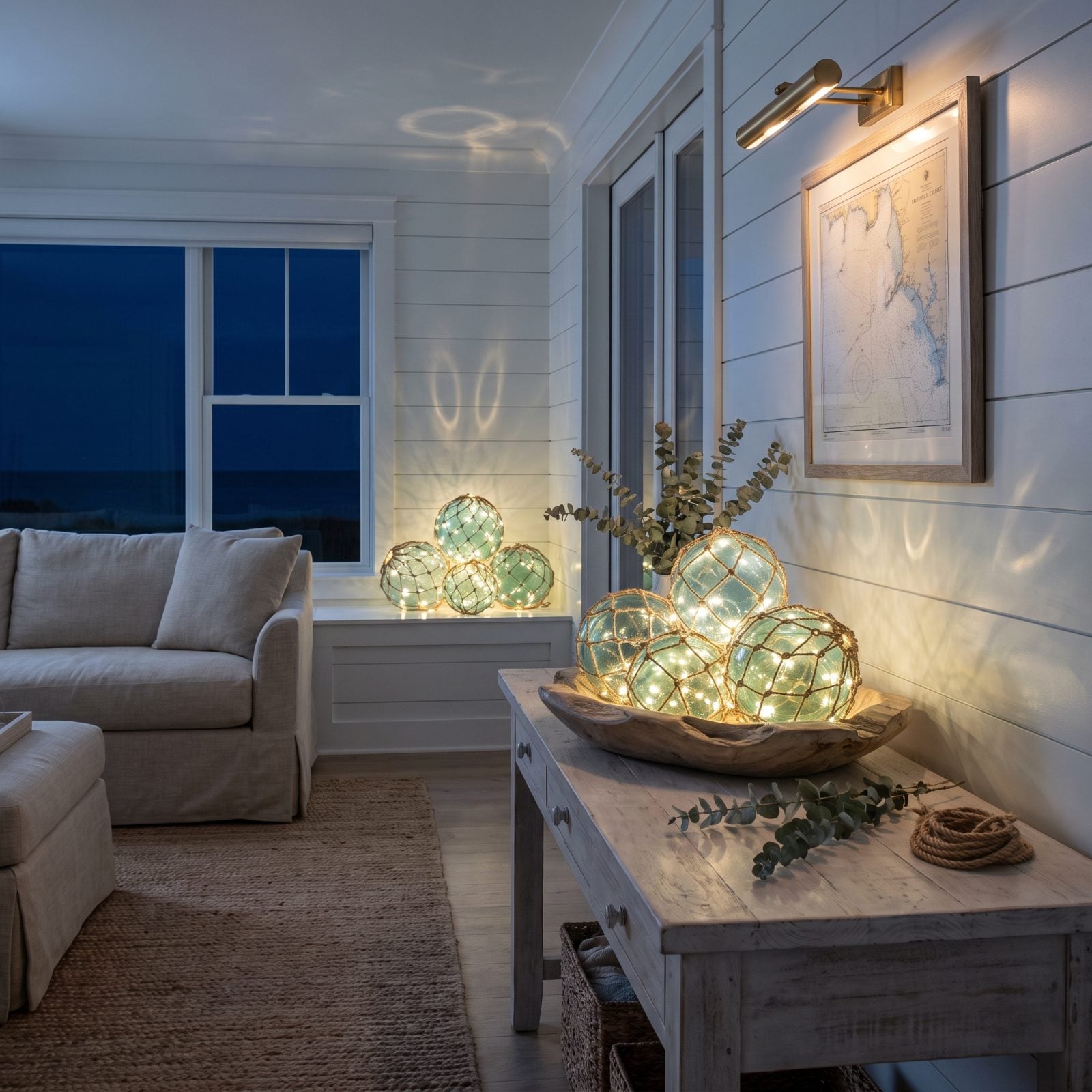 A Coastal Room with Rope Lights Inside Glass Floats