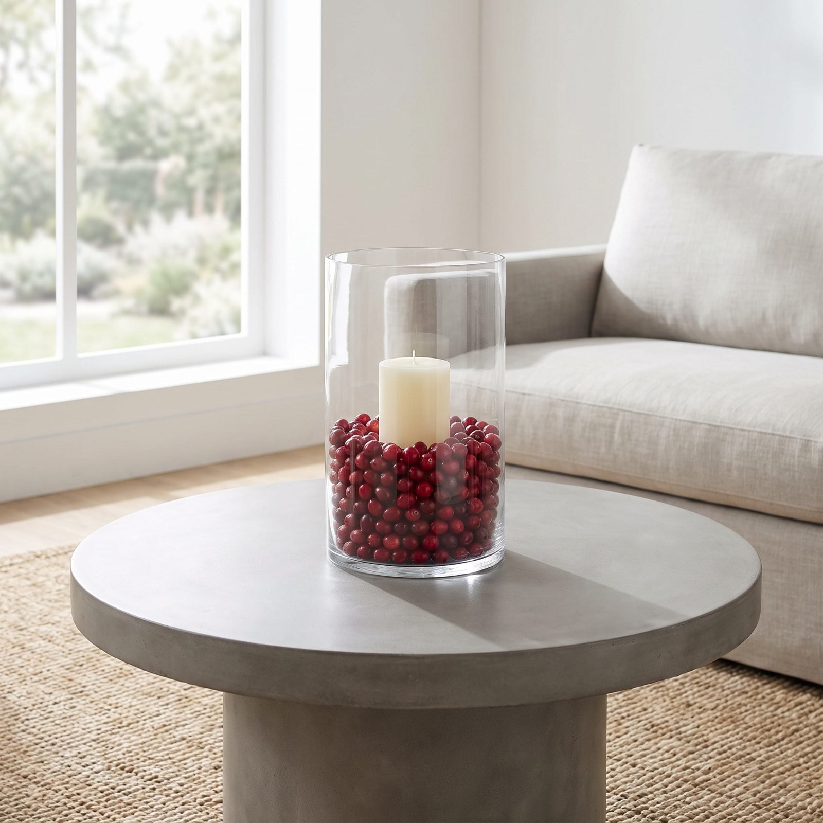 A Coffee Table Holding One Oversized Hurricane of Cranberries