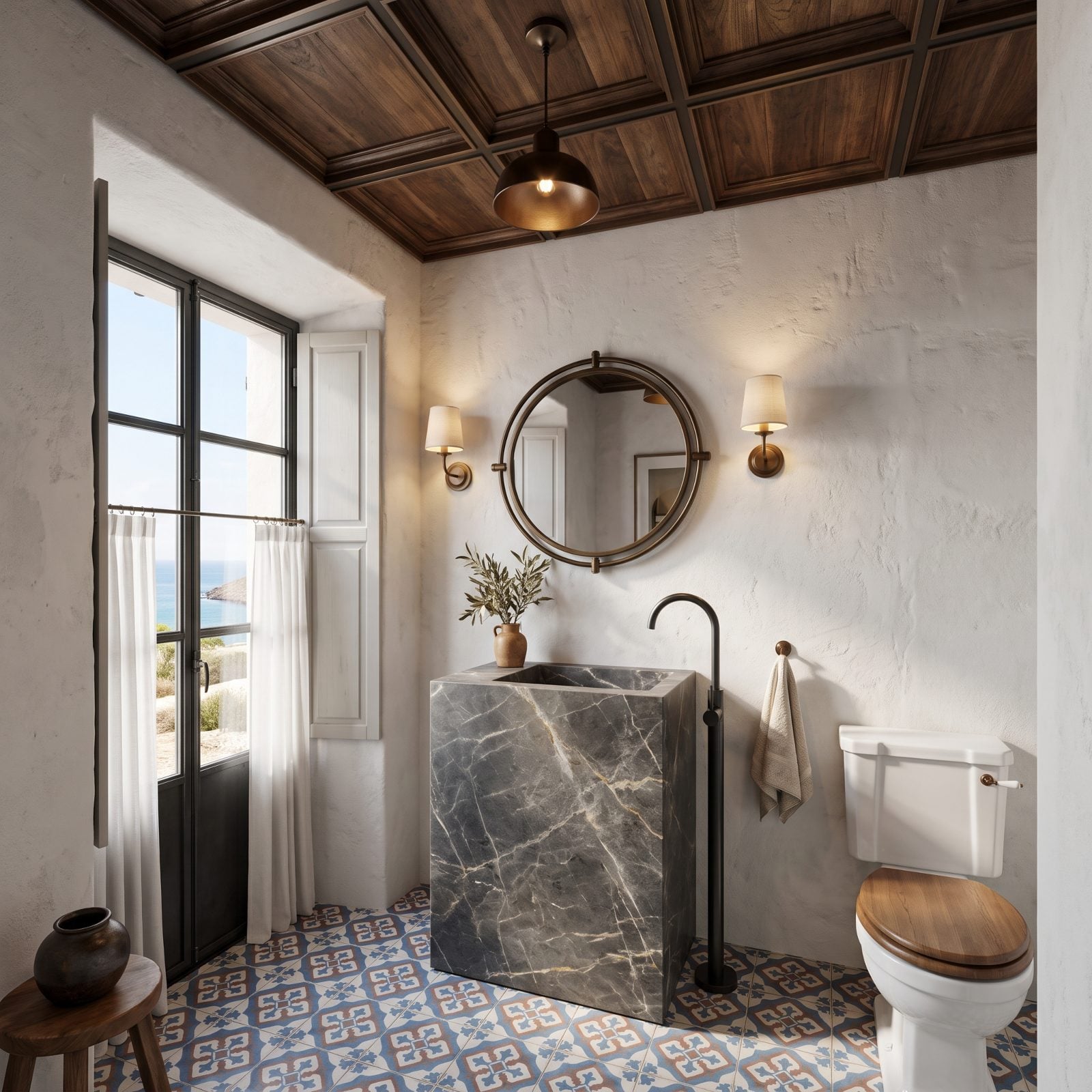 A Coffered Walnut Ceiling Caps a Marble Monolith Sink