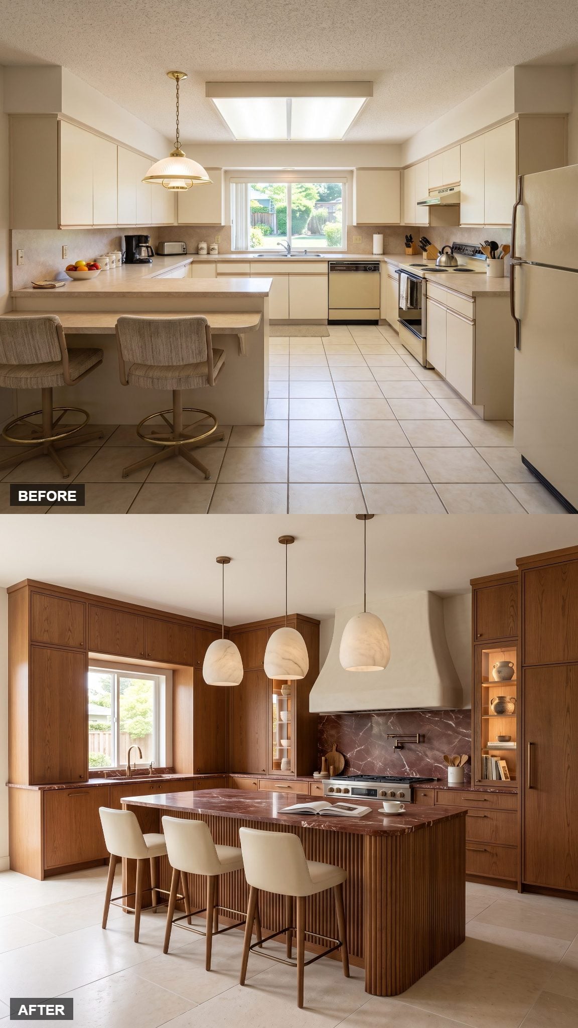 Cognac oak kitchen with a Rosso Levanto marble island