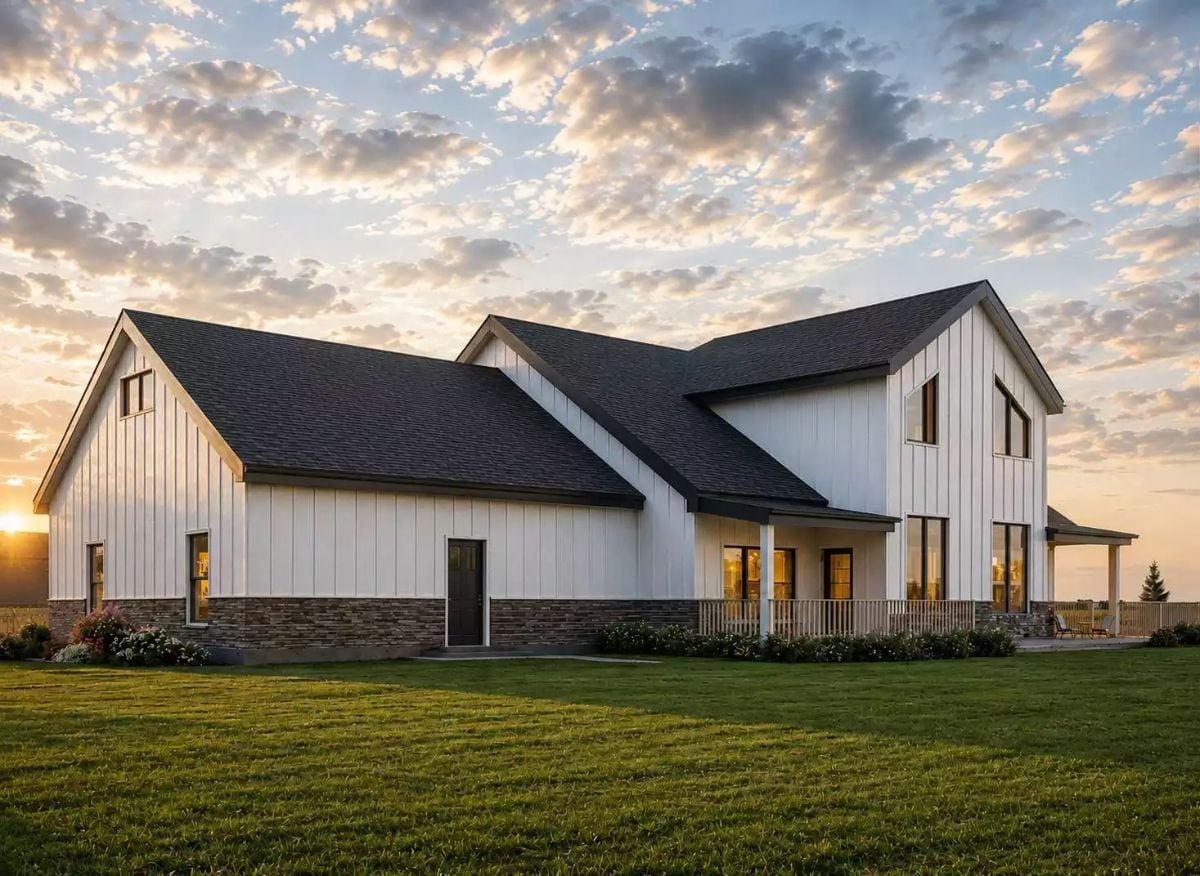 Board-and-Batten White Exterior at Golden Hour, Set Against Open Sky