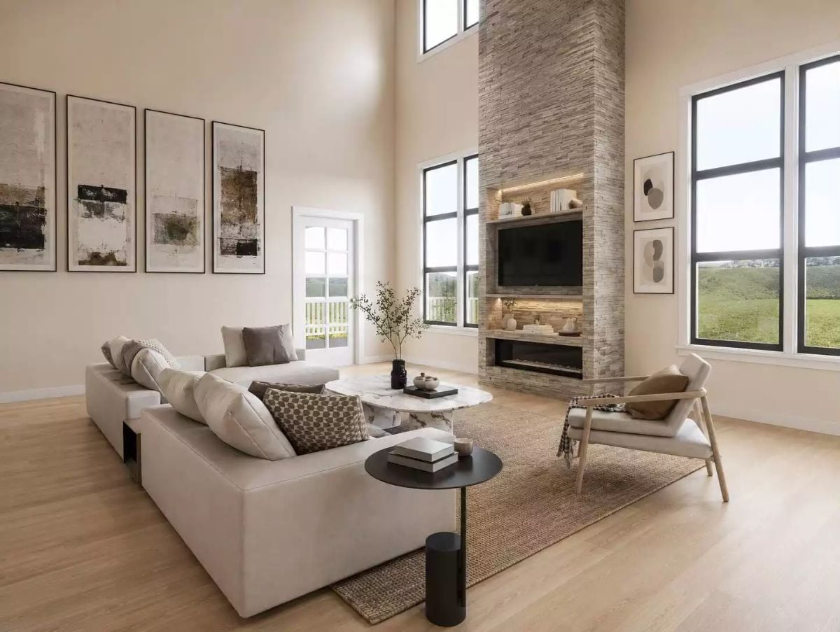 Stacked Stone Fireplace Runs Floor to Ceiling and Means Business