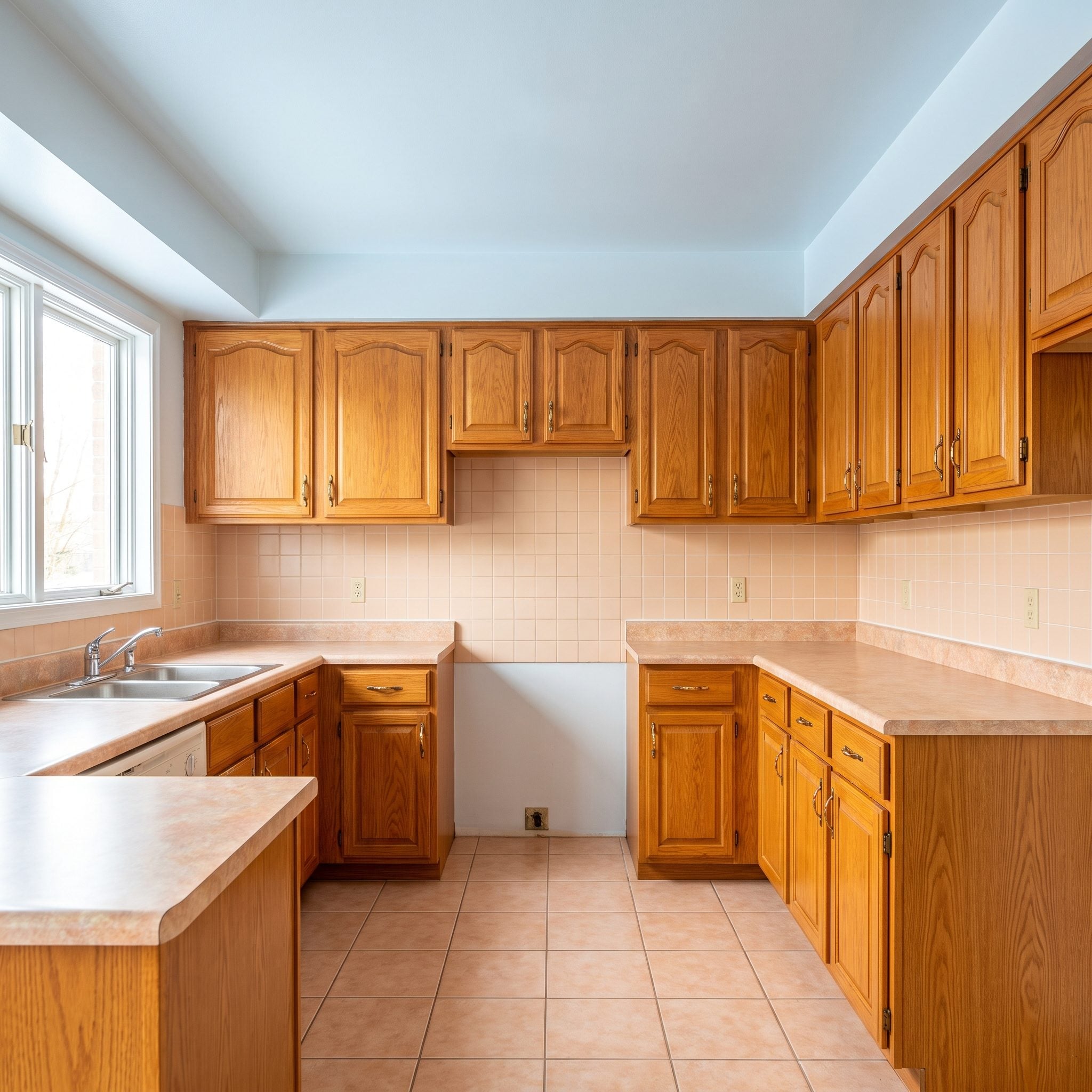 Oak kitchen refreshed with matte sand porcelain backsplash, pale warm-stone ceiling, and diffused lighting