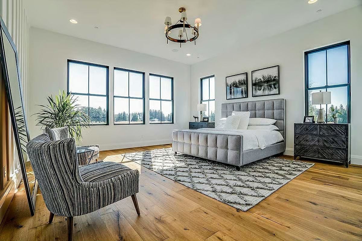 Gray Tufted Platform, Black-Frame Windows, and a Room That Knows What It's Doing