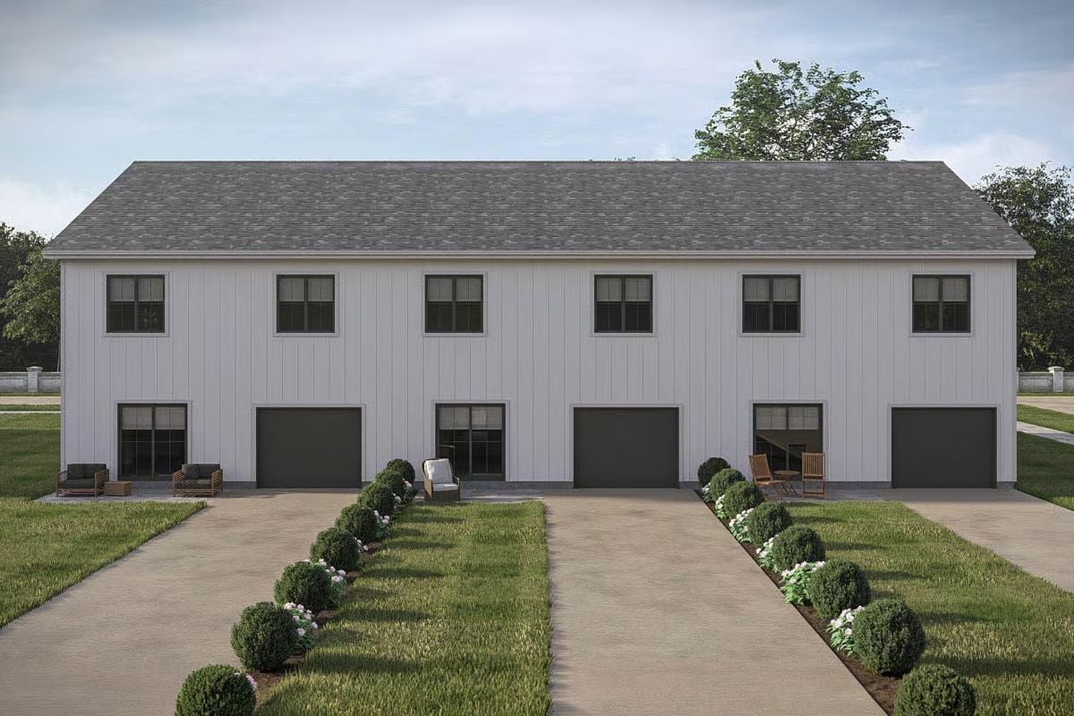 Board-and-Batten White Exterior Pulls Three Units Together Without Looking Institutional