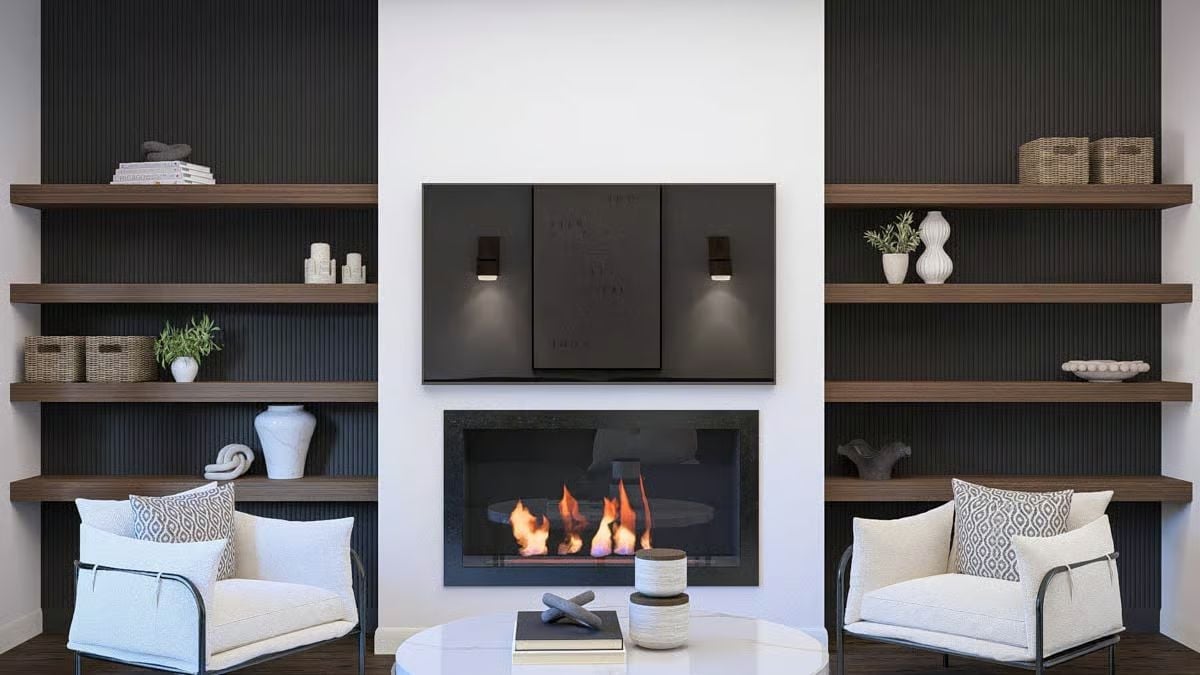 Fluted Wall Panels and Floating Walnut Shelves Earn Their Place in a Rental