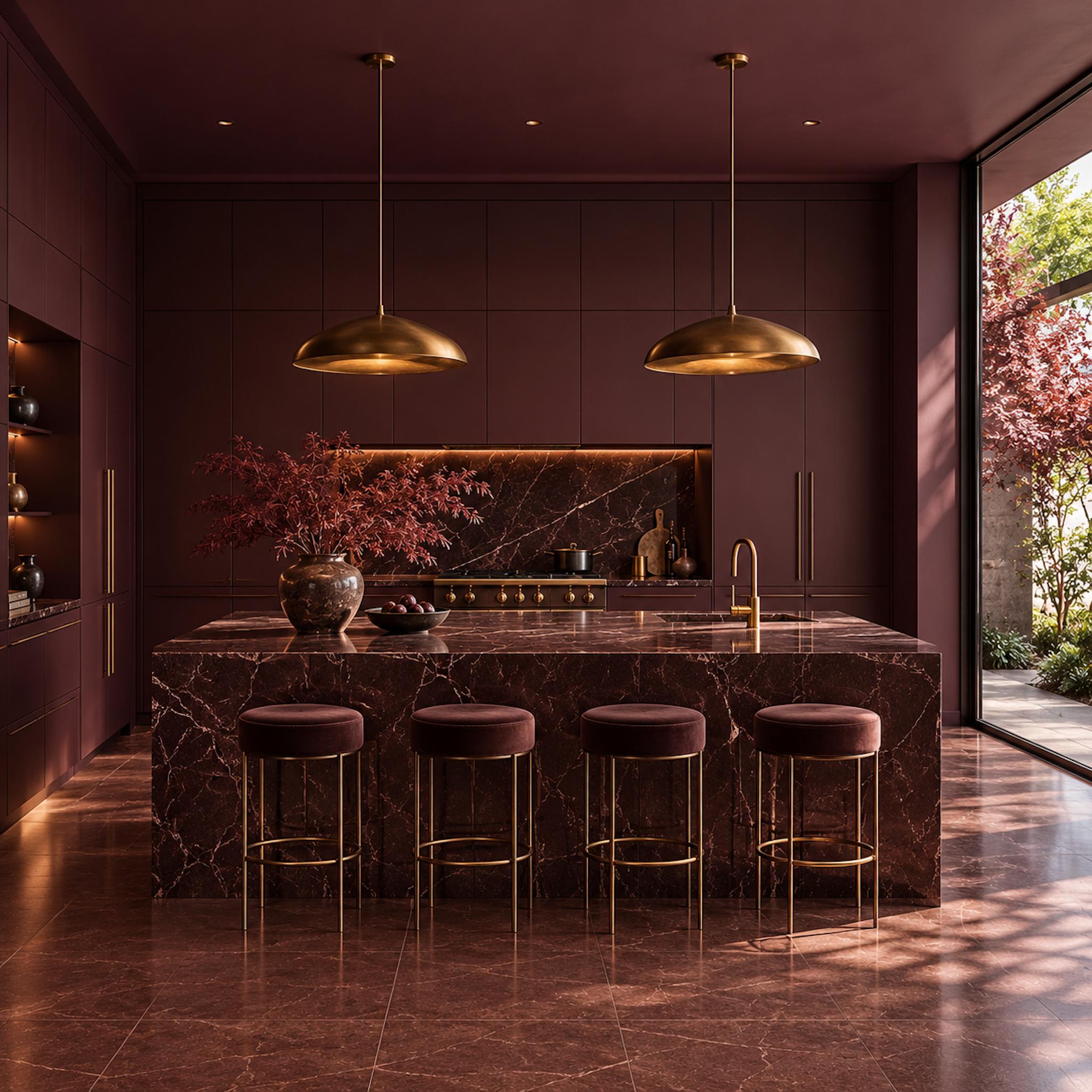 Color-drenched burgundy kitchen with matching walls and ceiling, dark red marble island, brass pendant lights, and garden glazing