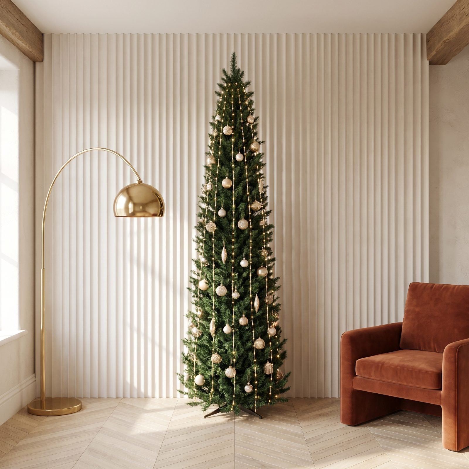 A Columnar Tree Aligned With Fluted Wall Detailing