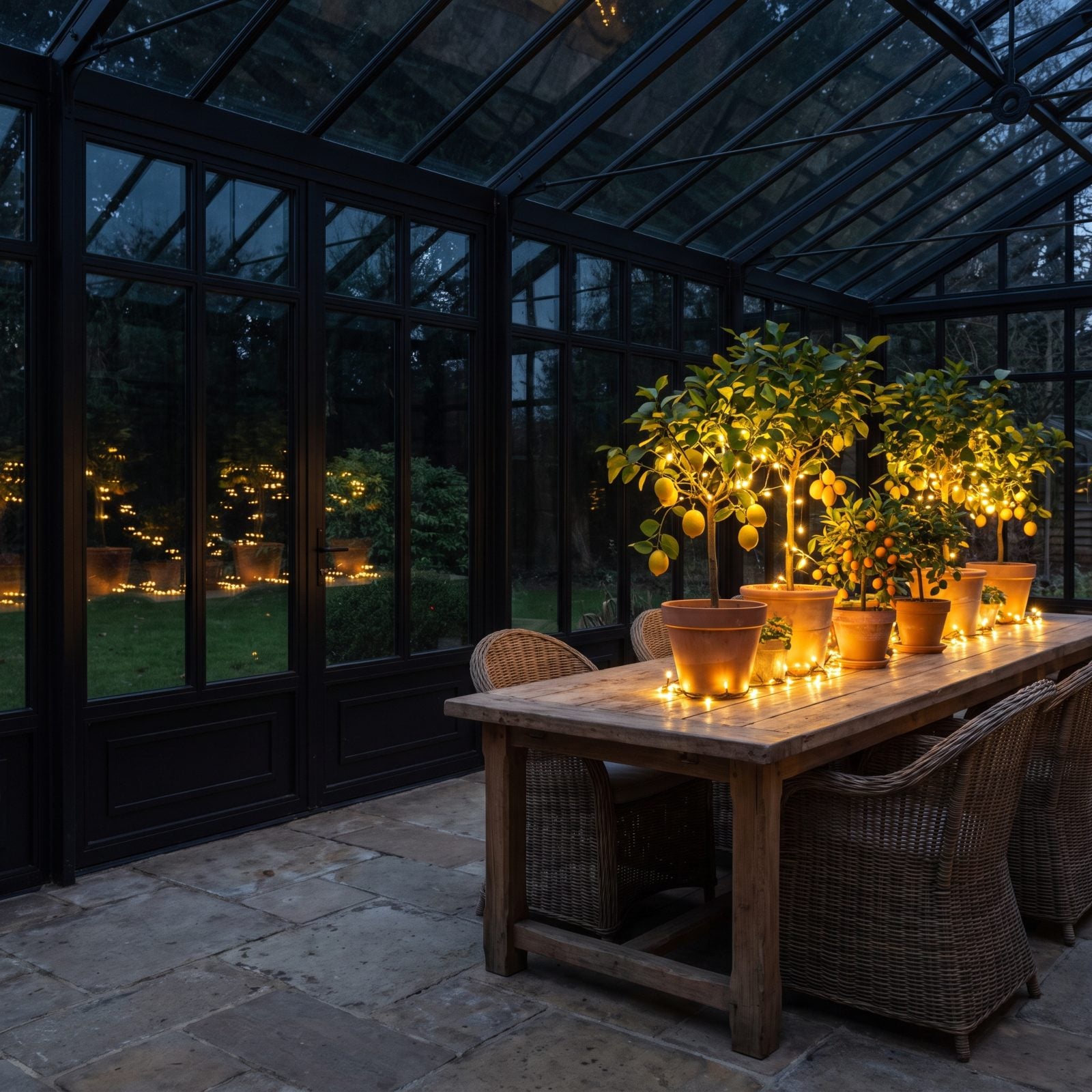 A Conservatory Dining Table Surrounded by Potted Citrus and Lights