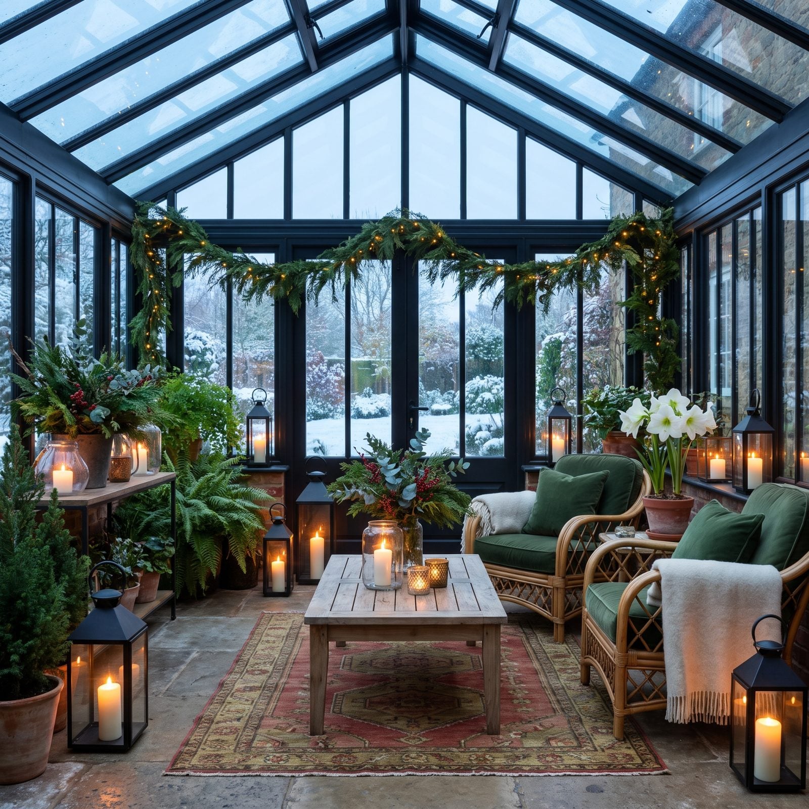 A Conservatory Lit by Lanterns Among Winter Greenery