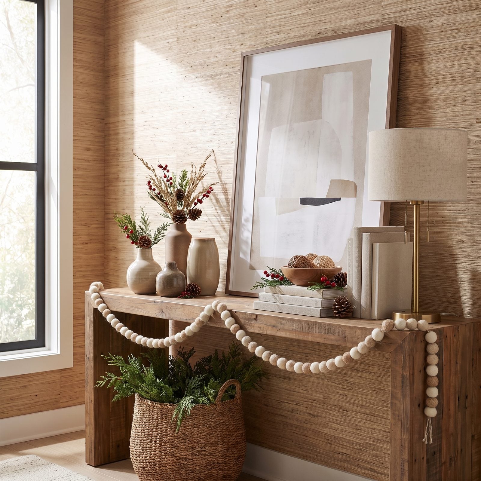 A Console Display Layered Over Grasscloth Wallpaper