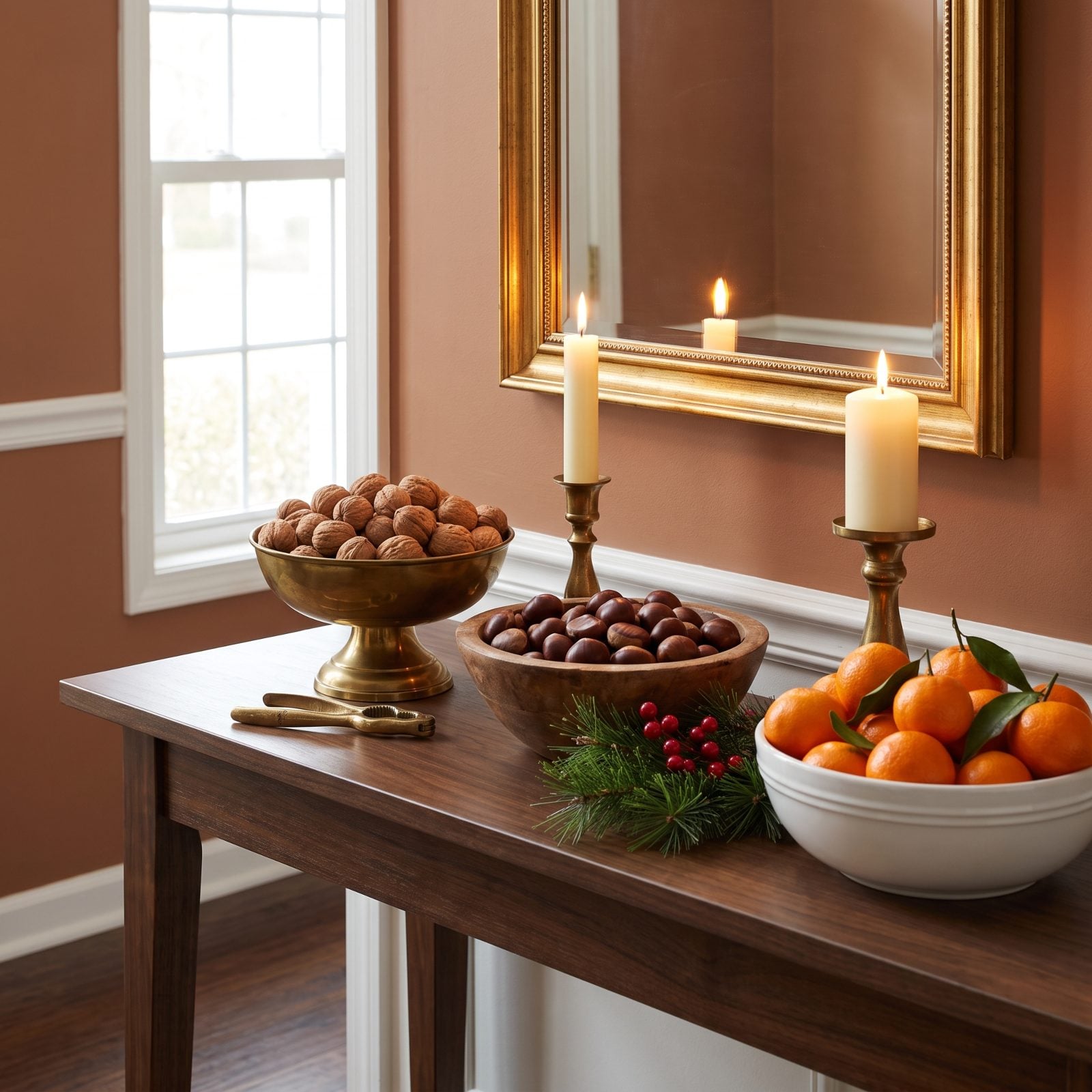 A Console Displaying Bowls of Walnuts, Chestnuts and Clementines