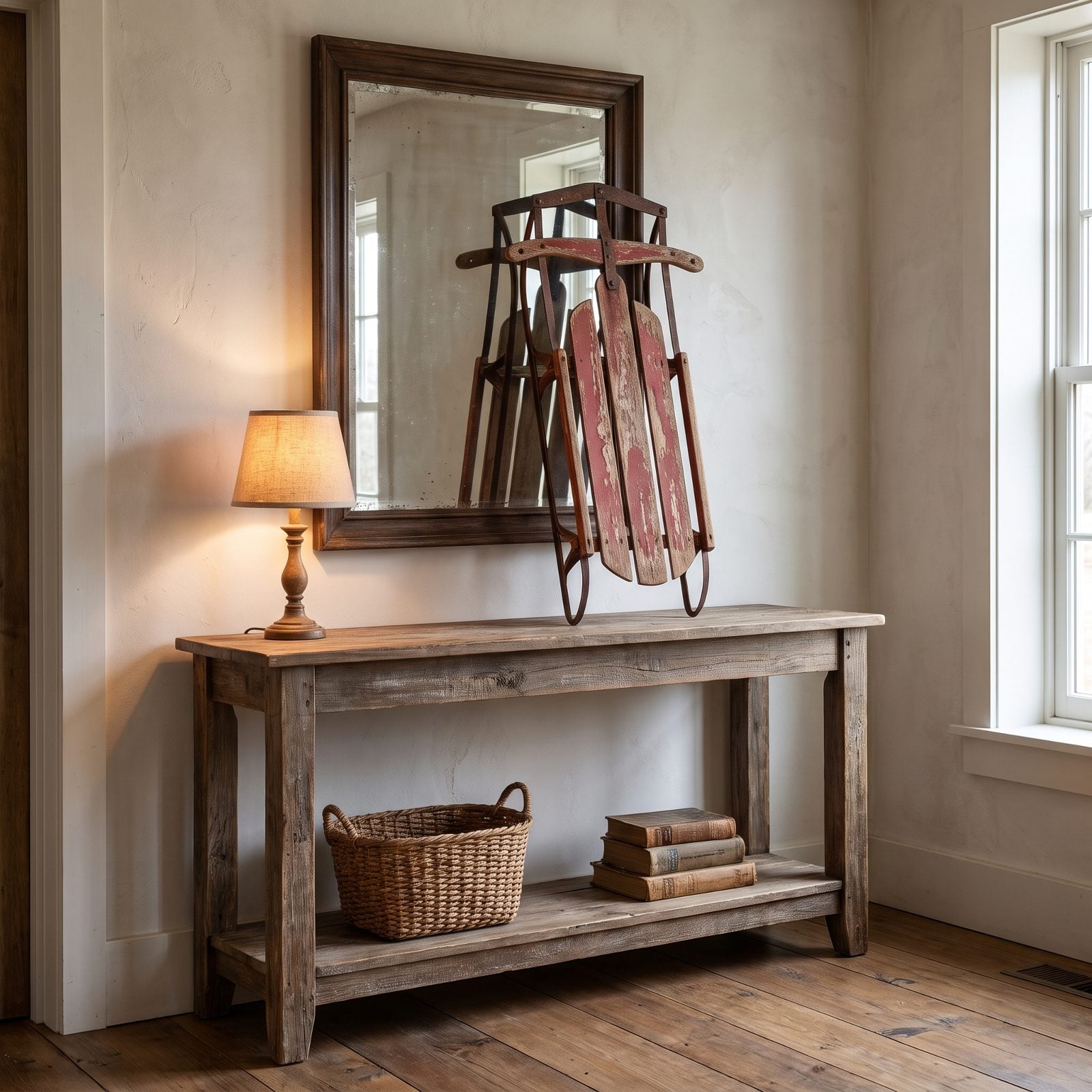 A Console Displaying One Antique Sled Beneath a Mirror