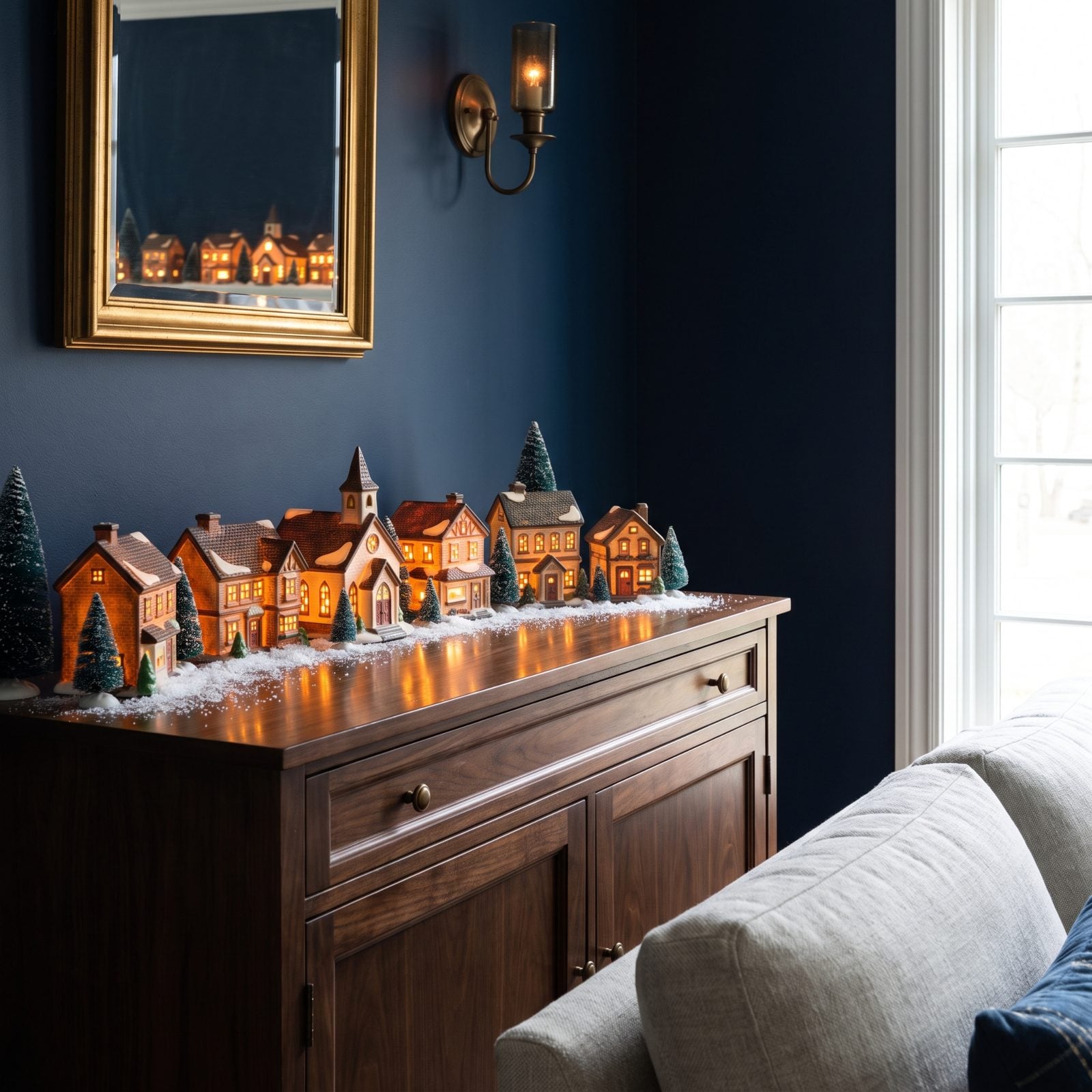 A Console Table Backed by an Illuminated Christmas Village