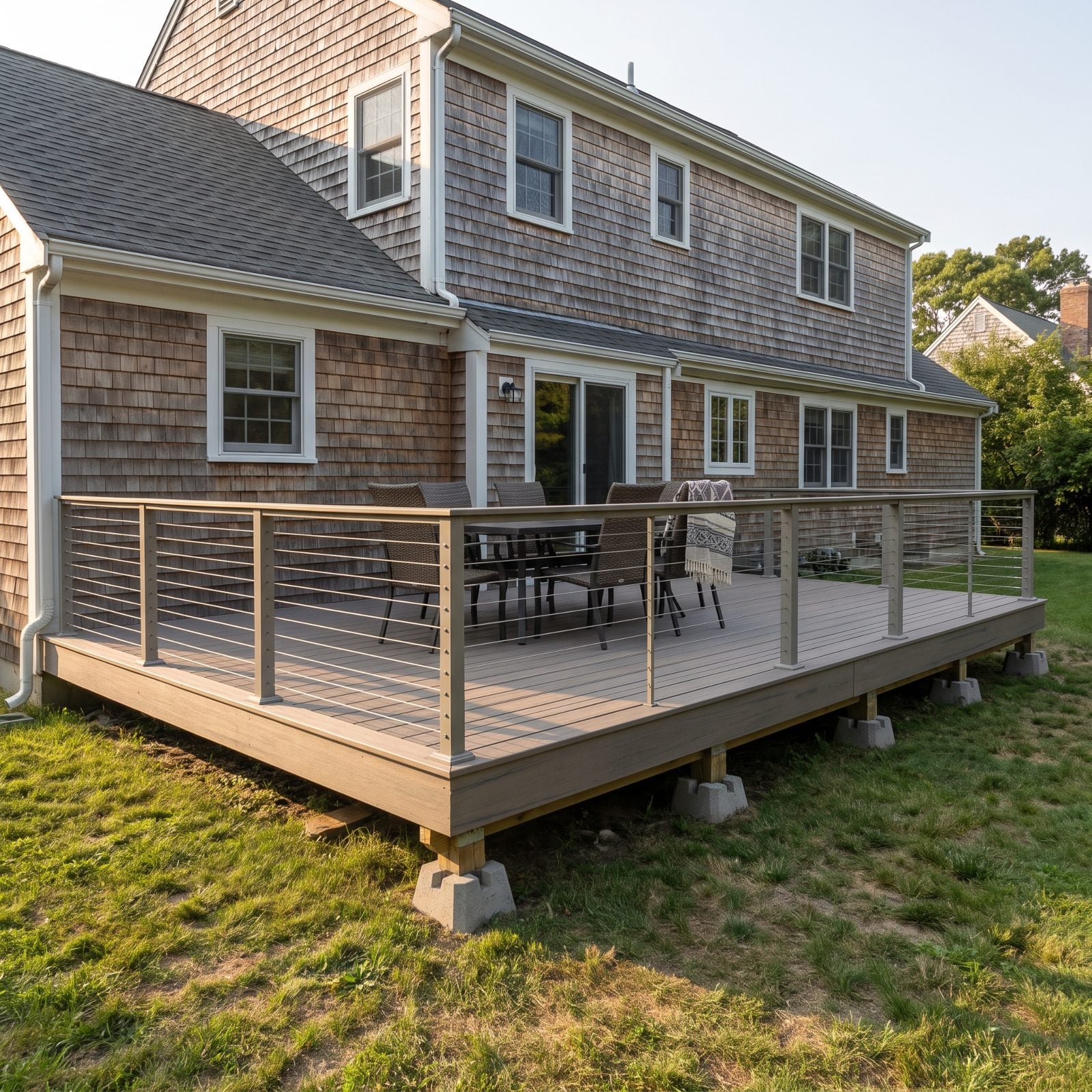 Large composite deck resting on surface concrete blocks with one corner lower than the other and a gap at the ledger board.