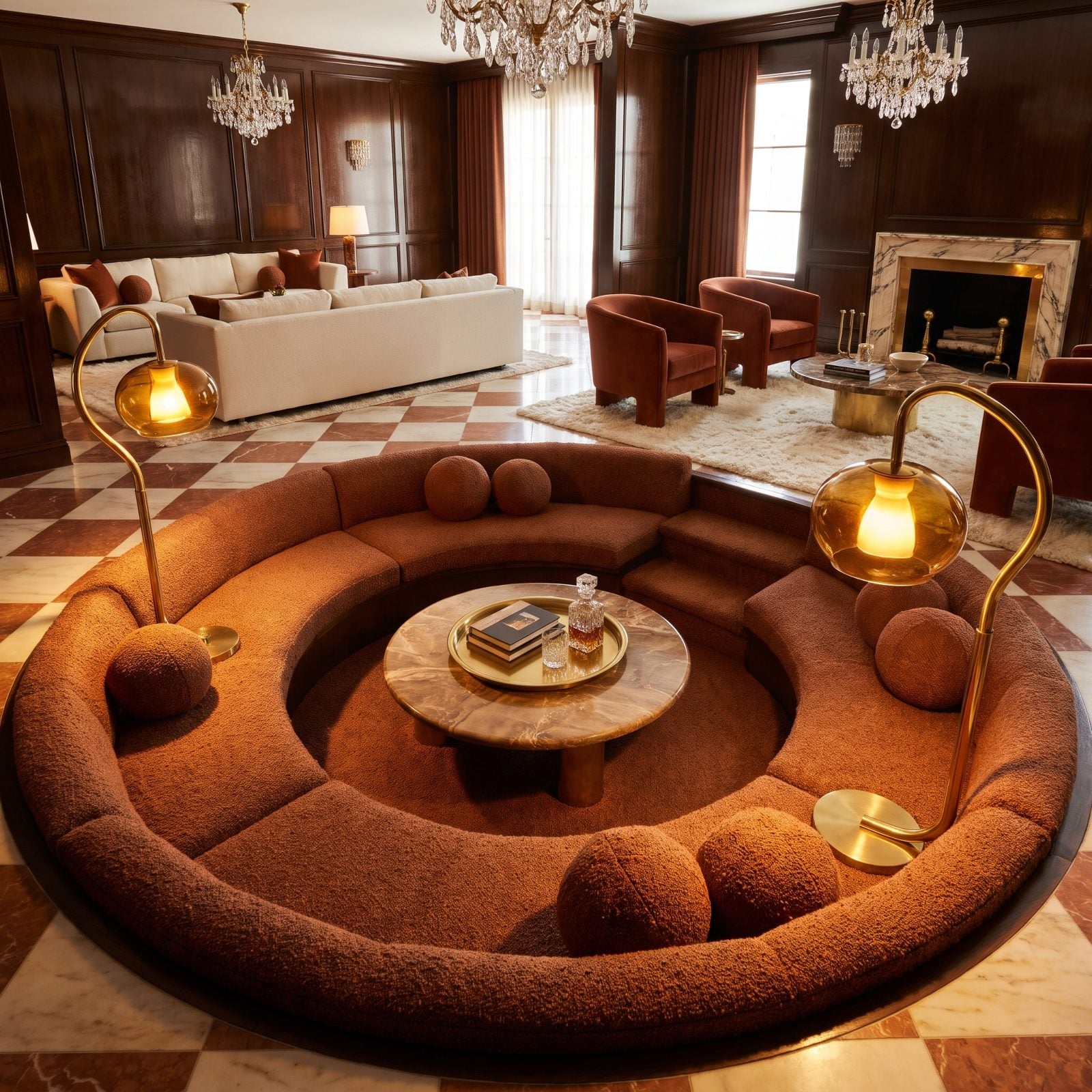 The Conversation Pit With Built-In Benches Upholstered in Nubby Rust Tweed