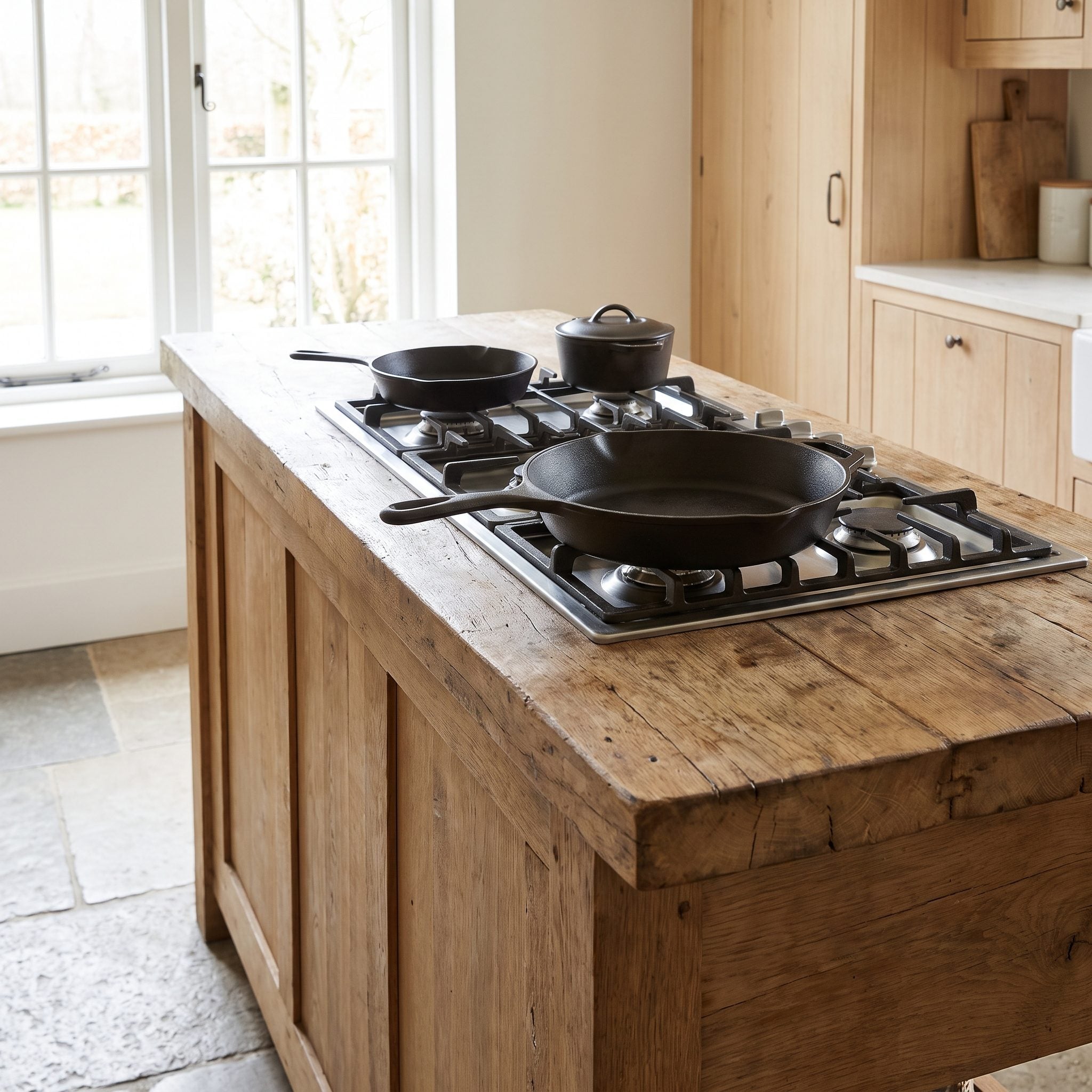 Black and quartz kitchen with an island cooktop that has only about 9 inches of counter on each side.
