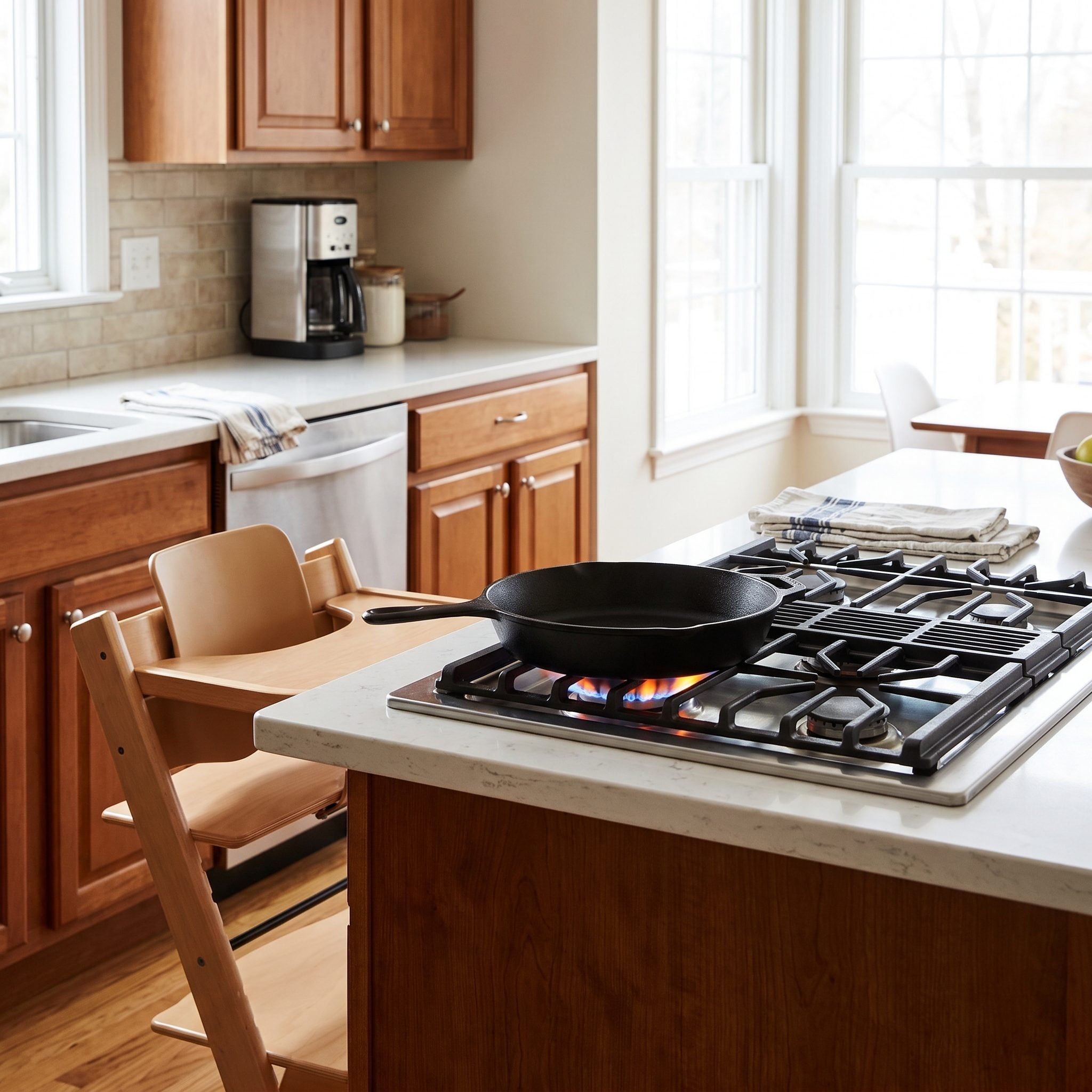 Cream and marble kitchen with a gas cooktop and counter stools placed about 24 inches apart on the same island.