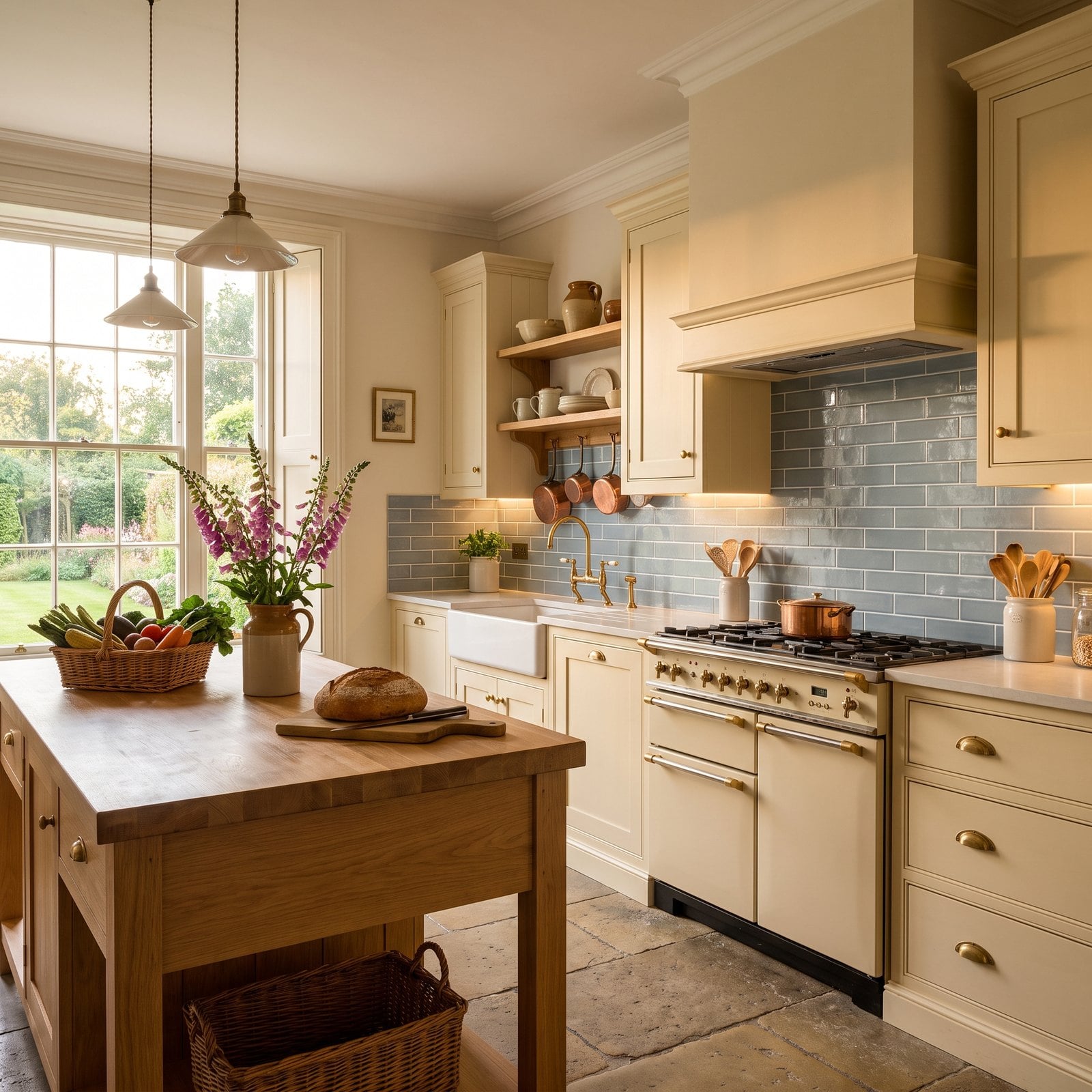 Cool Blue-Grey Tile Against Warm Cream and Oak
