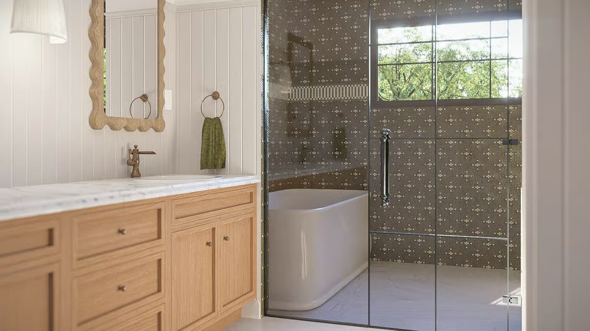 Penny Tile, a Soaking Tub, and Glass That Earns Its Square Footage