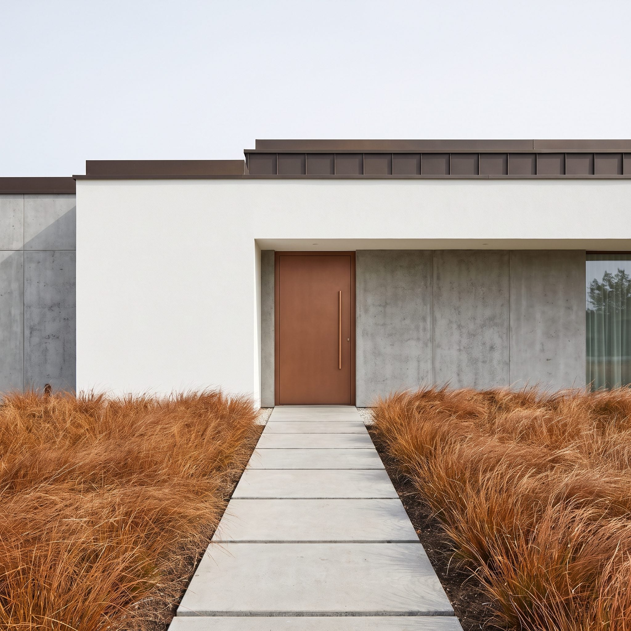 Copper-brown contemporary front door between cool concrete walls and bronze architectural details
