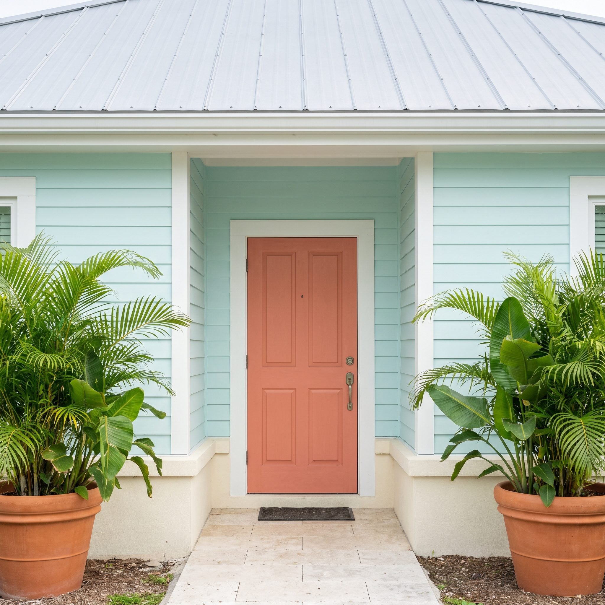 Coral front door against pale-aqua cottage siding with tropical planting and terracotta planters