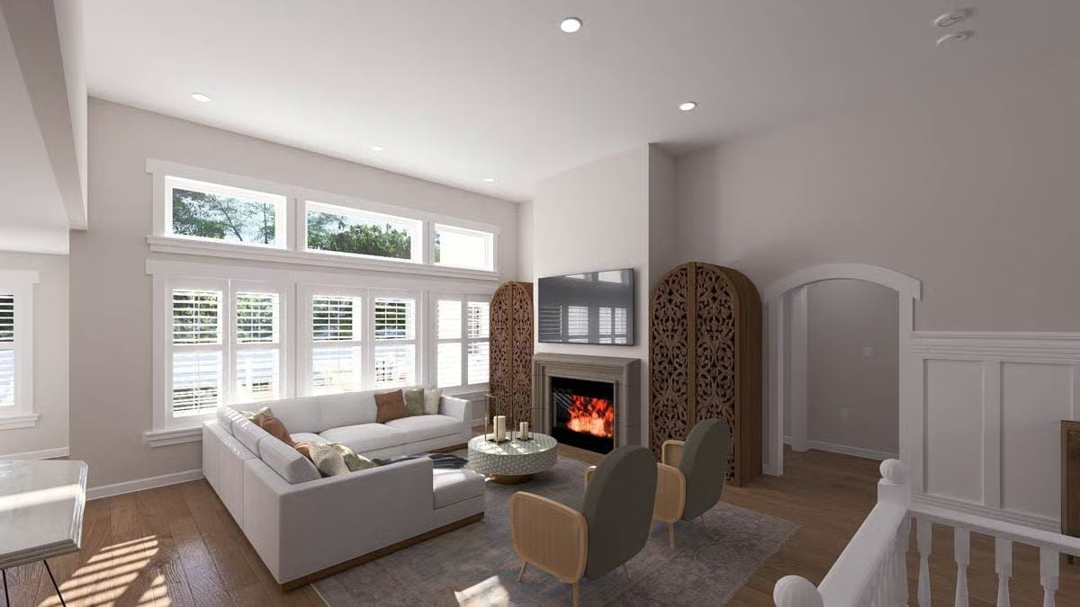 Carved Wood Screens Frame a Fireplace Wall That Actually Earns Its Square Footage
