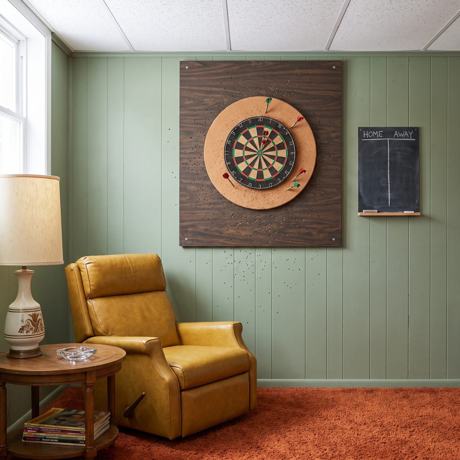 The Cork Dartboard Mounted on a Paneled Backboard