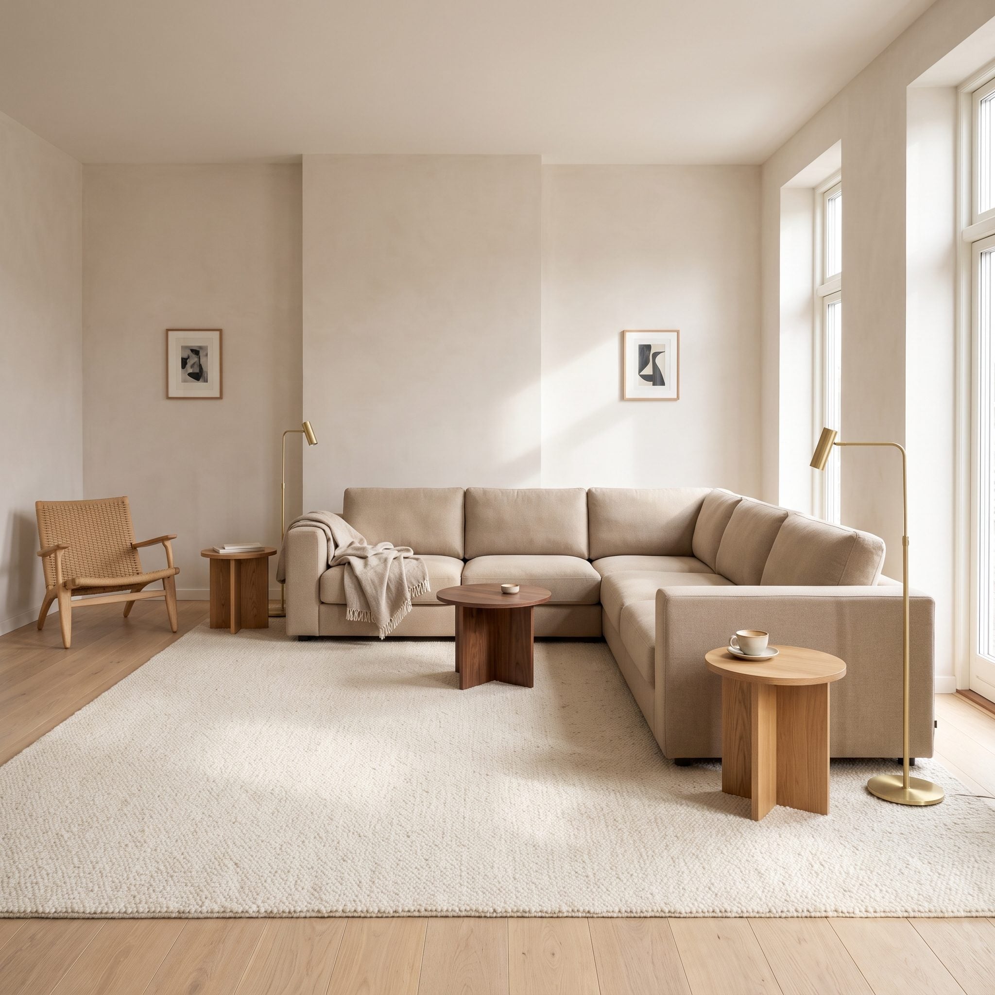 Sand-colored corner sofa beneath two small framed pictures with a small round coffee table serving only part of the seating.
