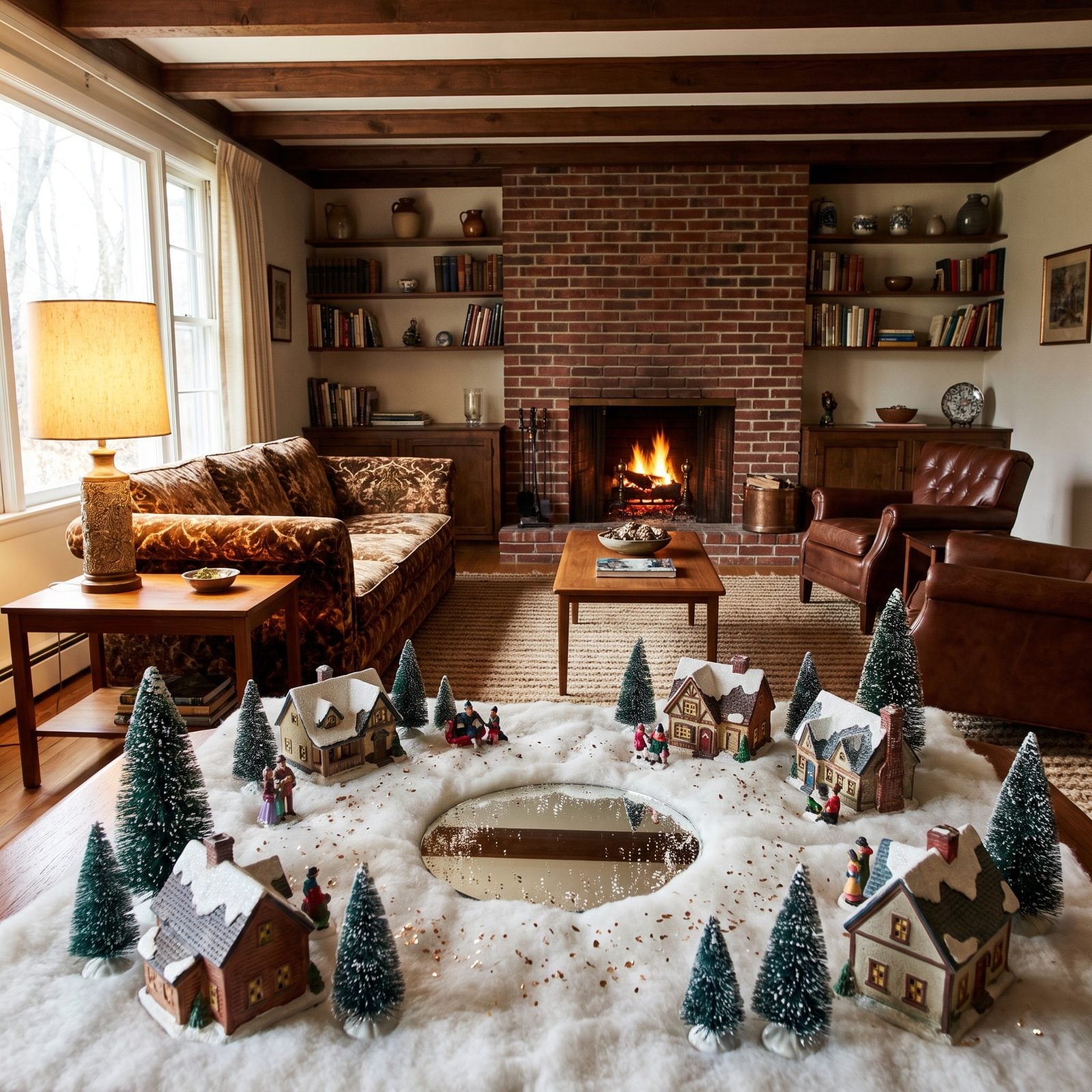 A Cotton-Batting Christmas Village With Bottle-Brush Trees and a Mirror Pond