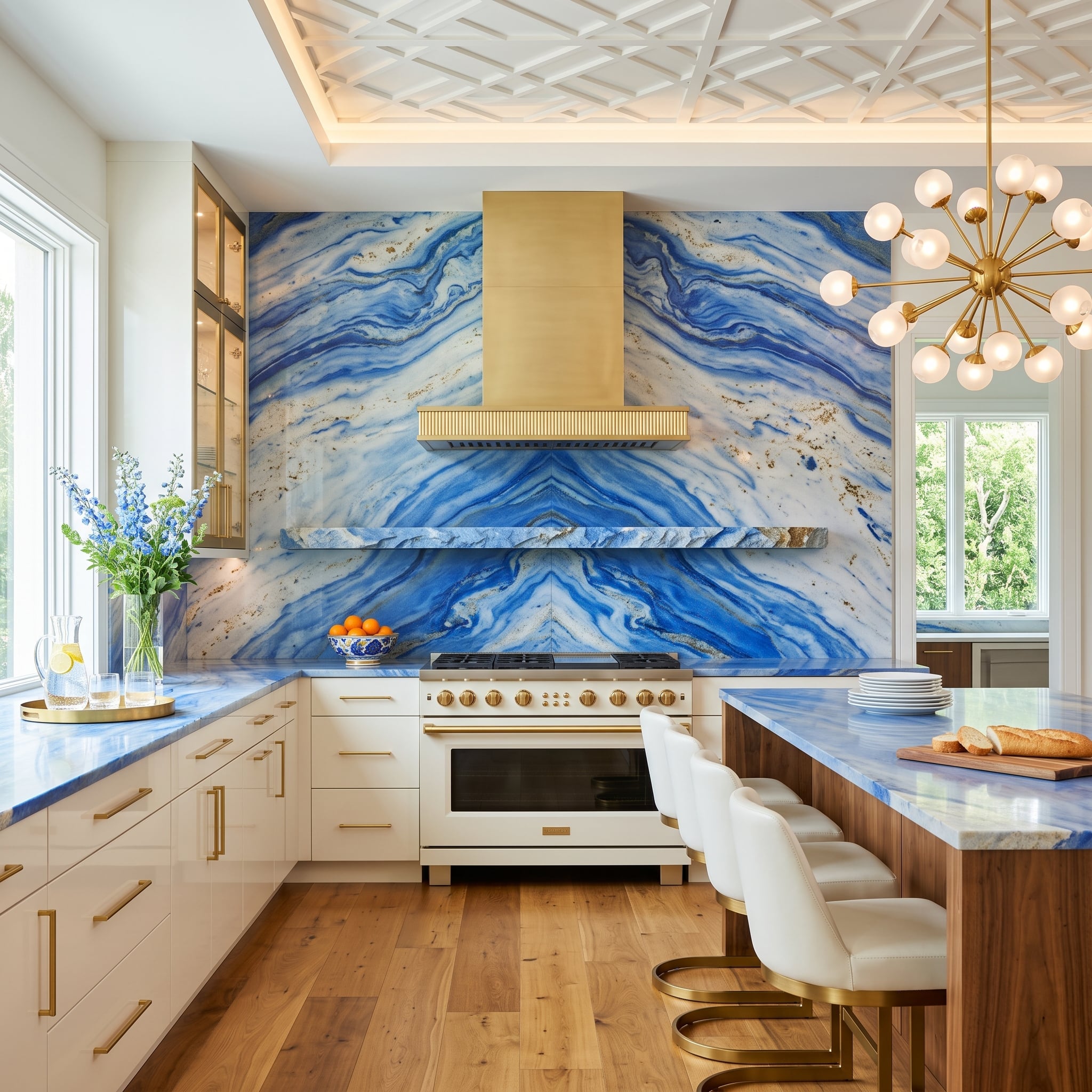 Azul Macaubas Bookmatched Floor-to-Ceiling Turns the Cooking Wall Into Its Own Argument