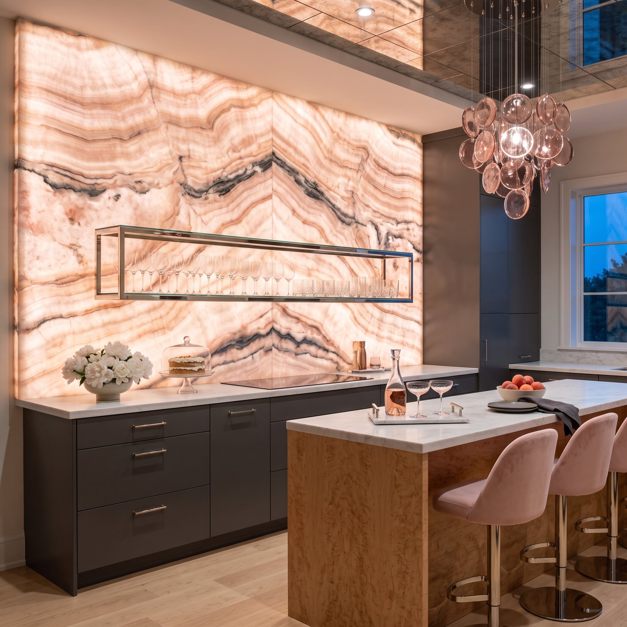 Backlit Onyx Runs Floor-to-Ceiling, and the Stemware Shelf Floats Right In Front of It