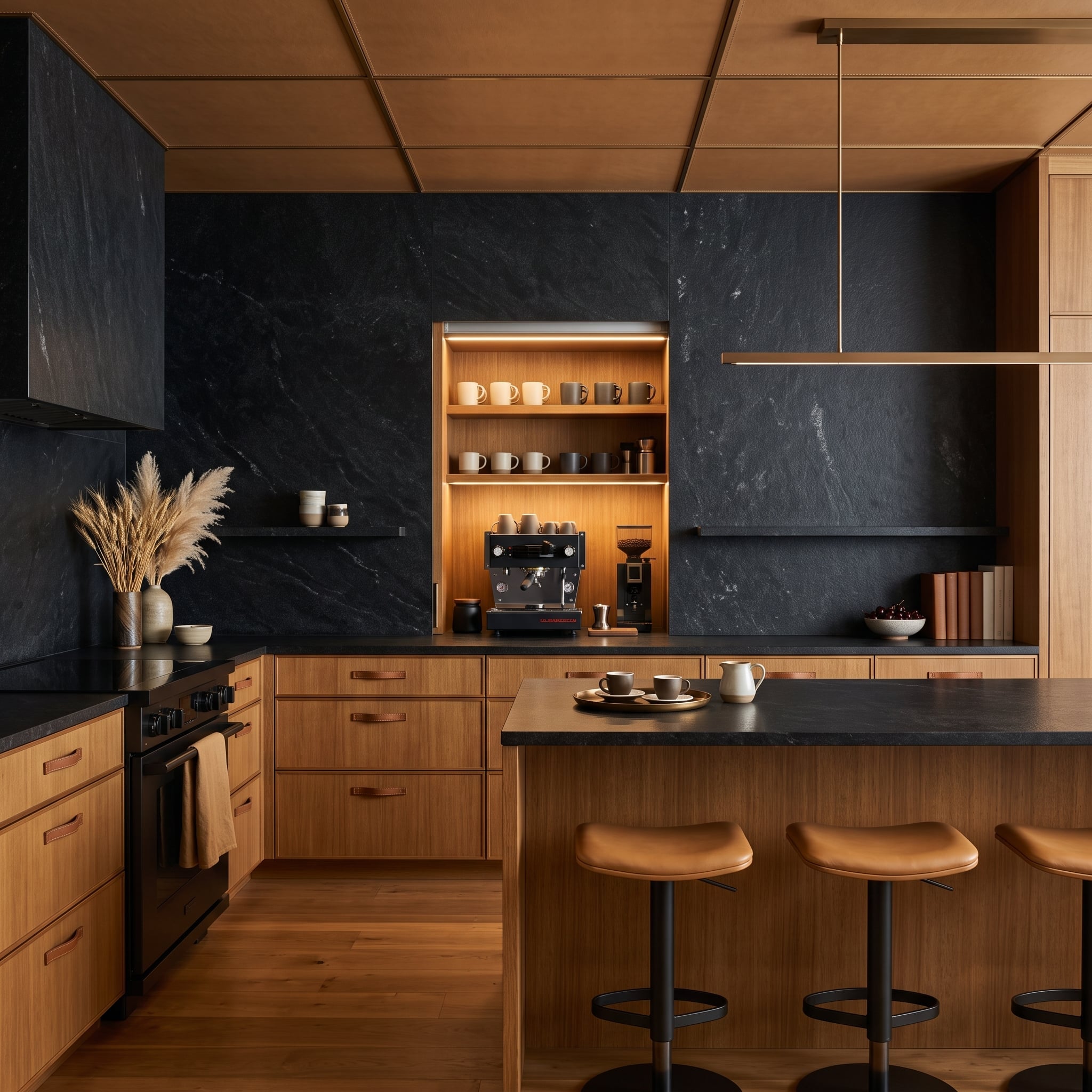 Black Soapstone Runs Wall-to-Wall, and the Coffee Station Gets Its Own Lit Alcove
