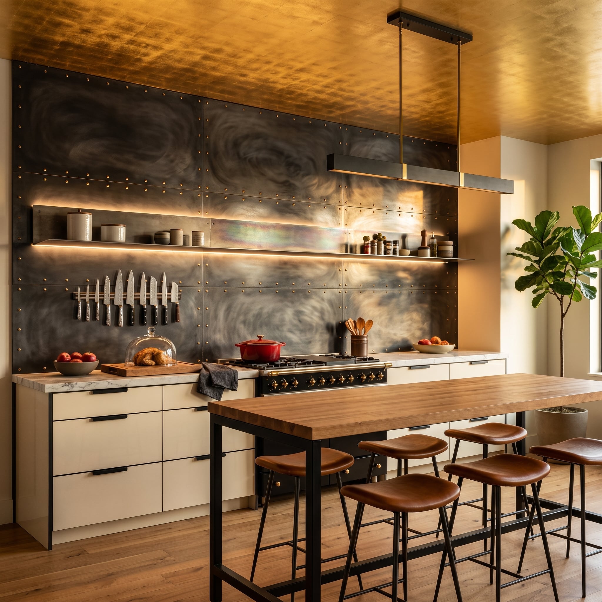 Blackened Steel Panels Cover the Cooking Wall, and the Gold Ceiling Doesn't Hold Back