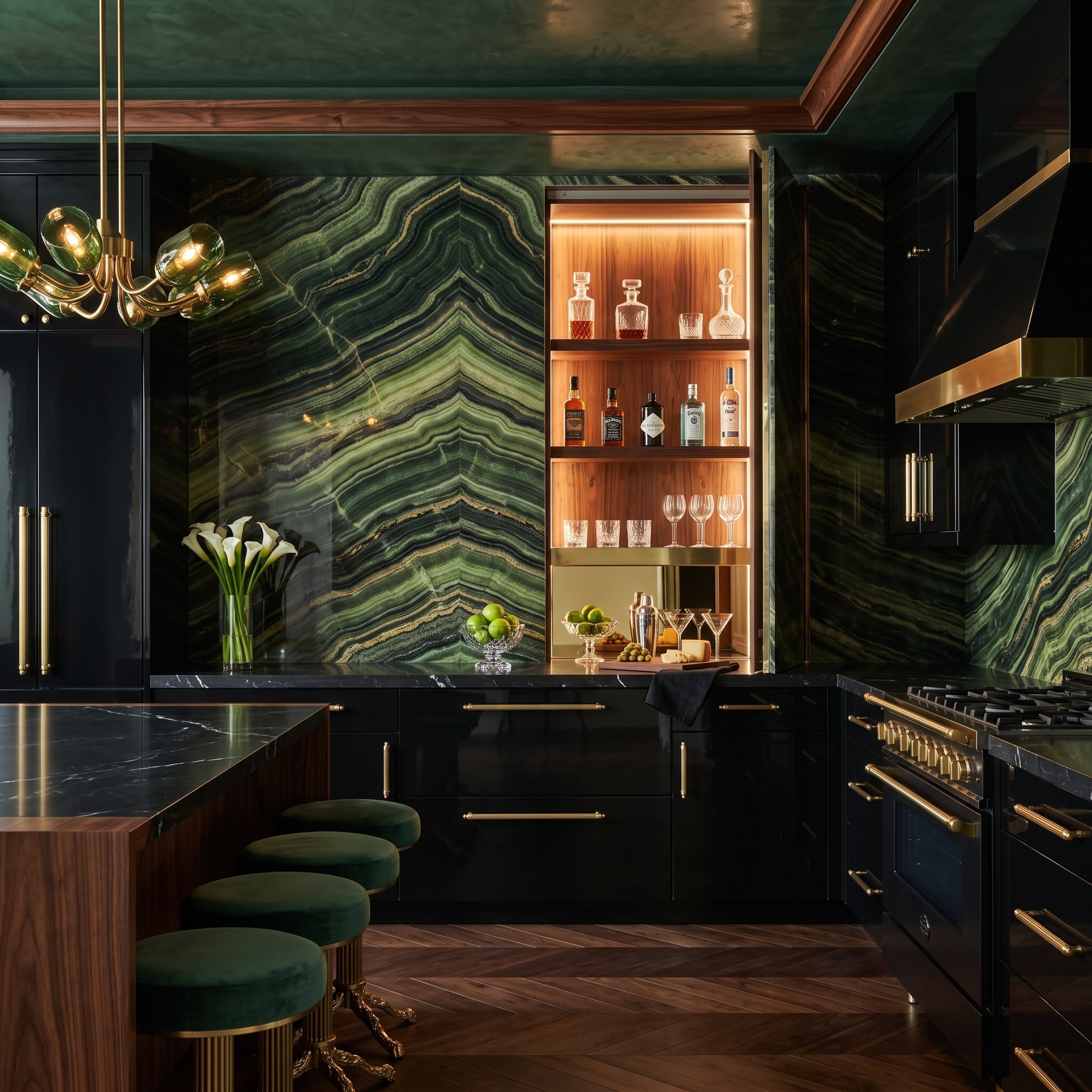 Bookmatched Green Onyx Hides a Bar Behind It — Until It Doesn't