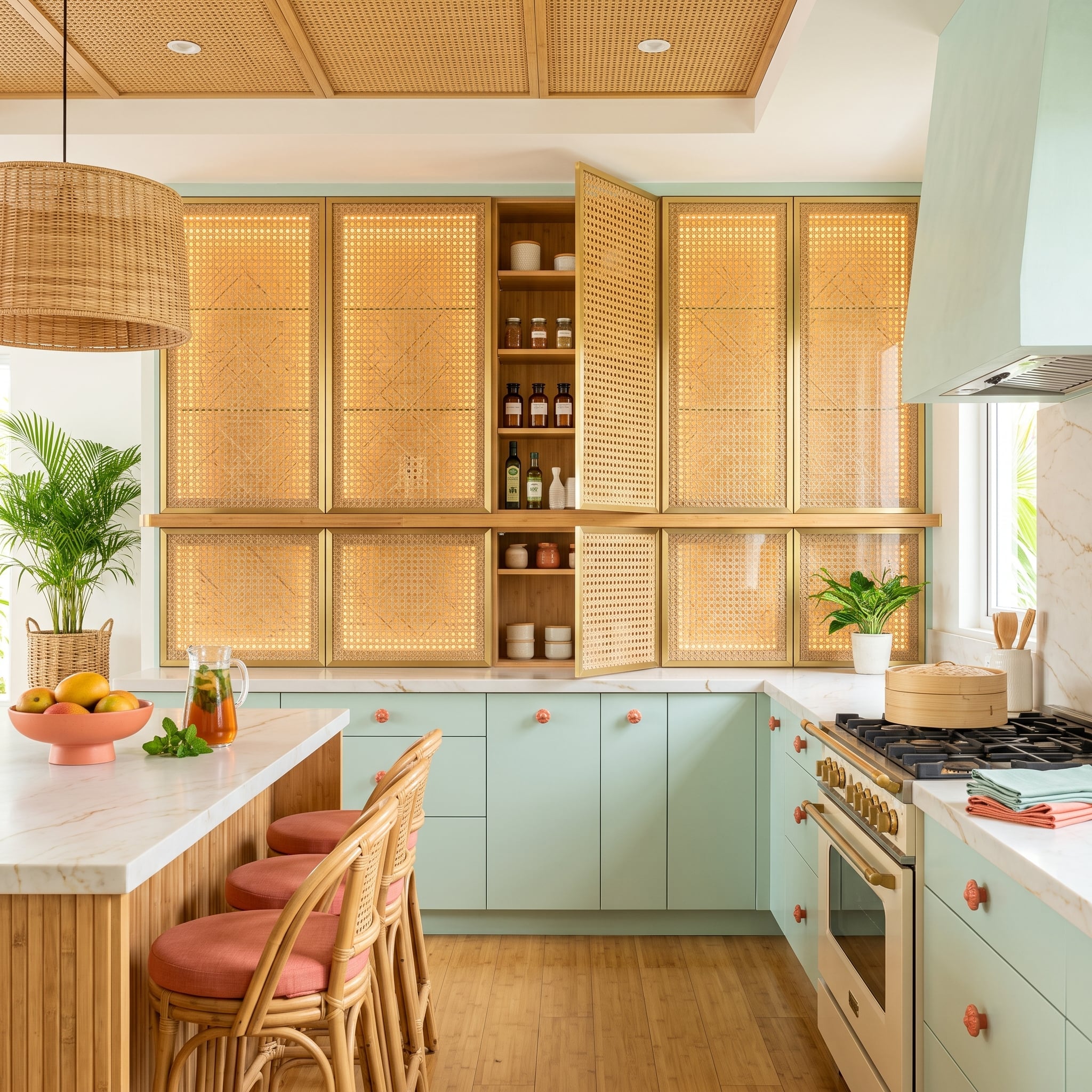 Cane Panels Floor-to-Ceiling Make the Backsplash Almost Impossible to Find