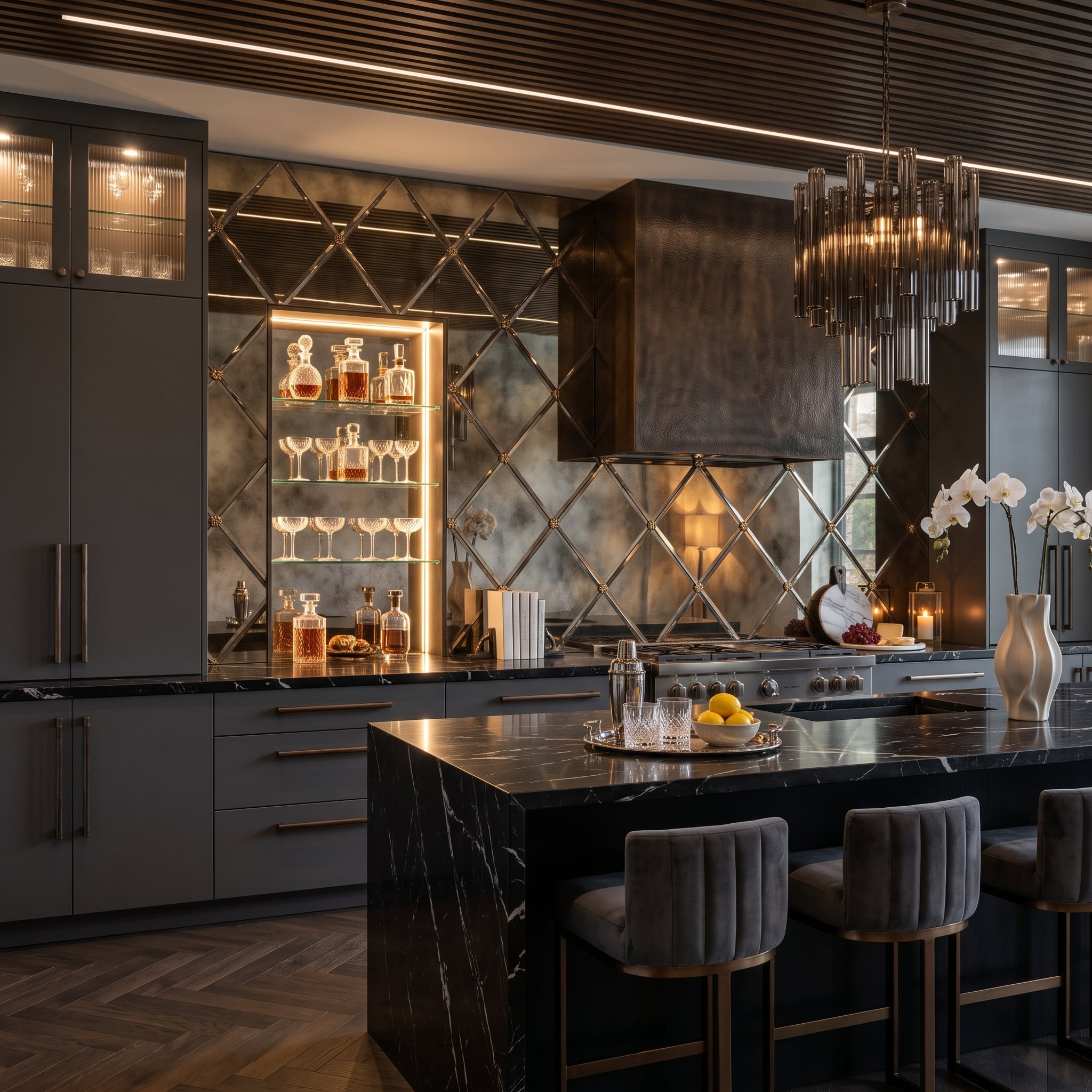 Diamond-Grid Antique Mirror Covers the Cooking Wall, and the Bar Niche Fits Right Inside It