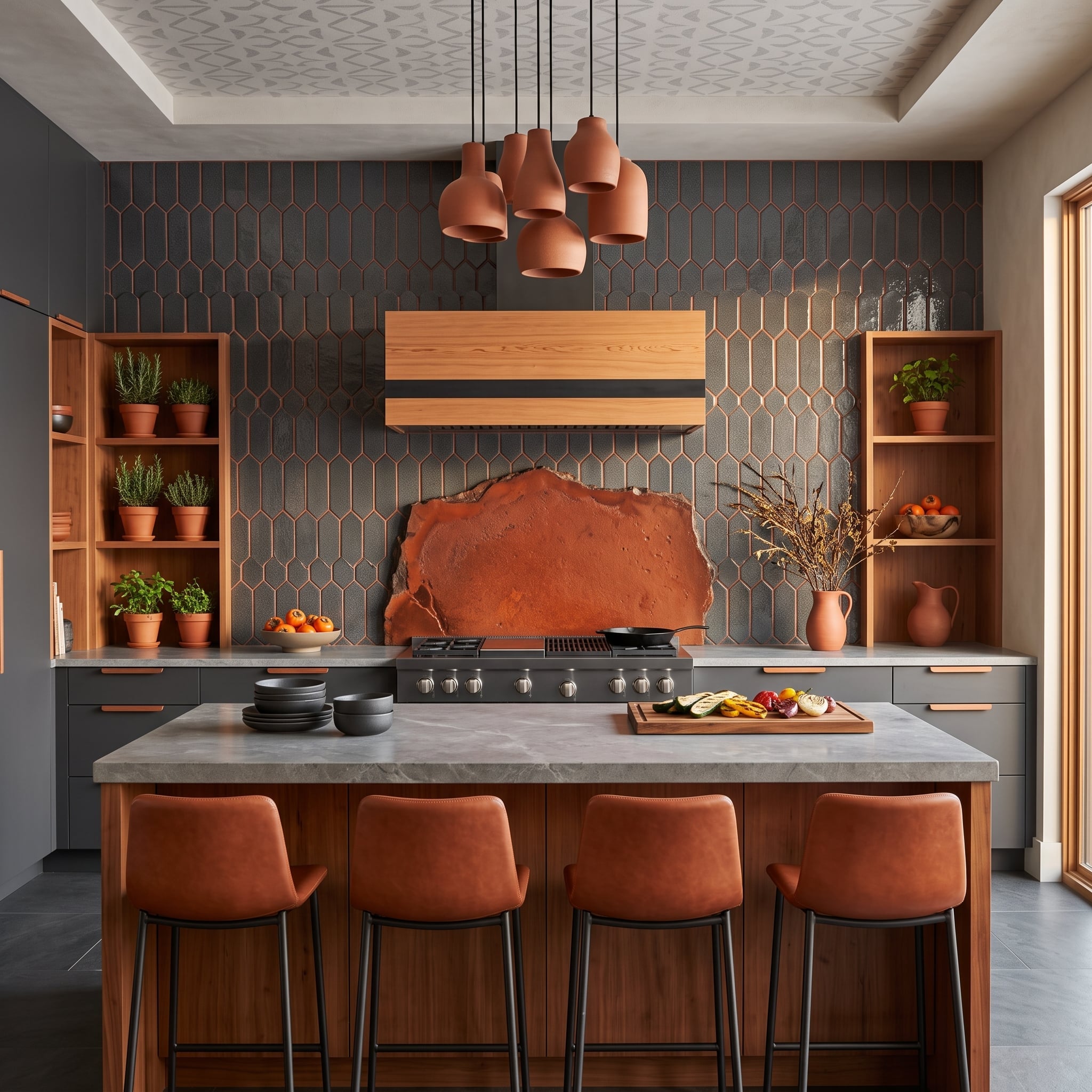 Elongated Hex Tile Gets Copper Grout, and the Whole Cooking Wall Changes Register