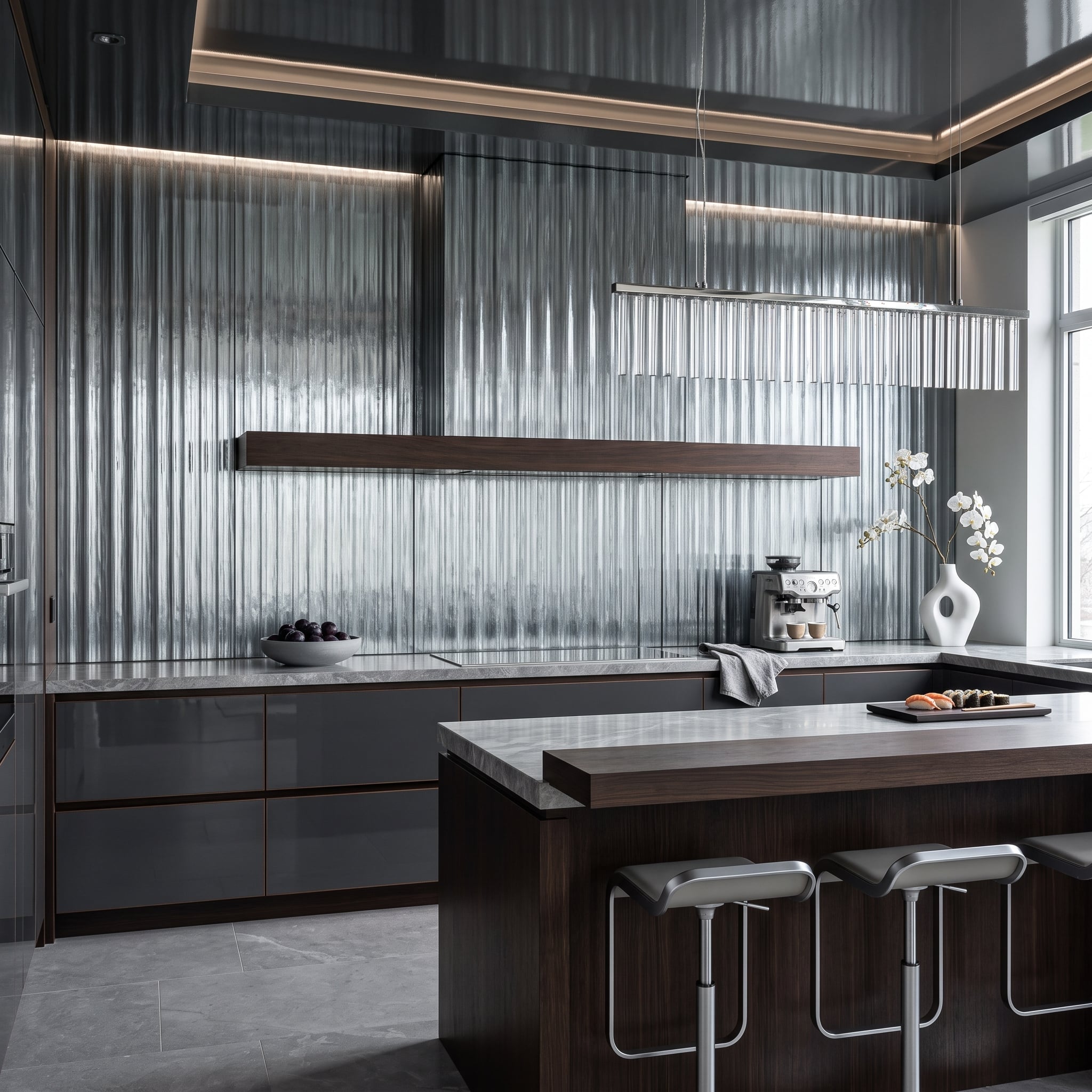 Fluted Glass Tiles Cover the Entire Cooking Wall, and the Hood Disappears Into Them