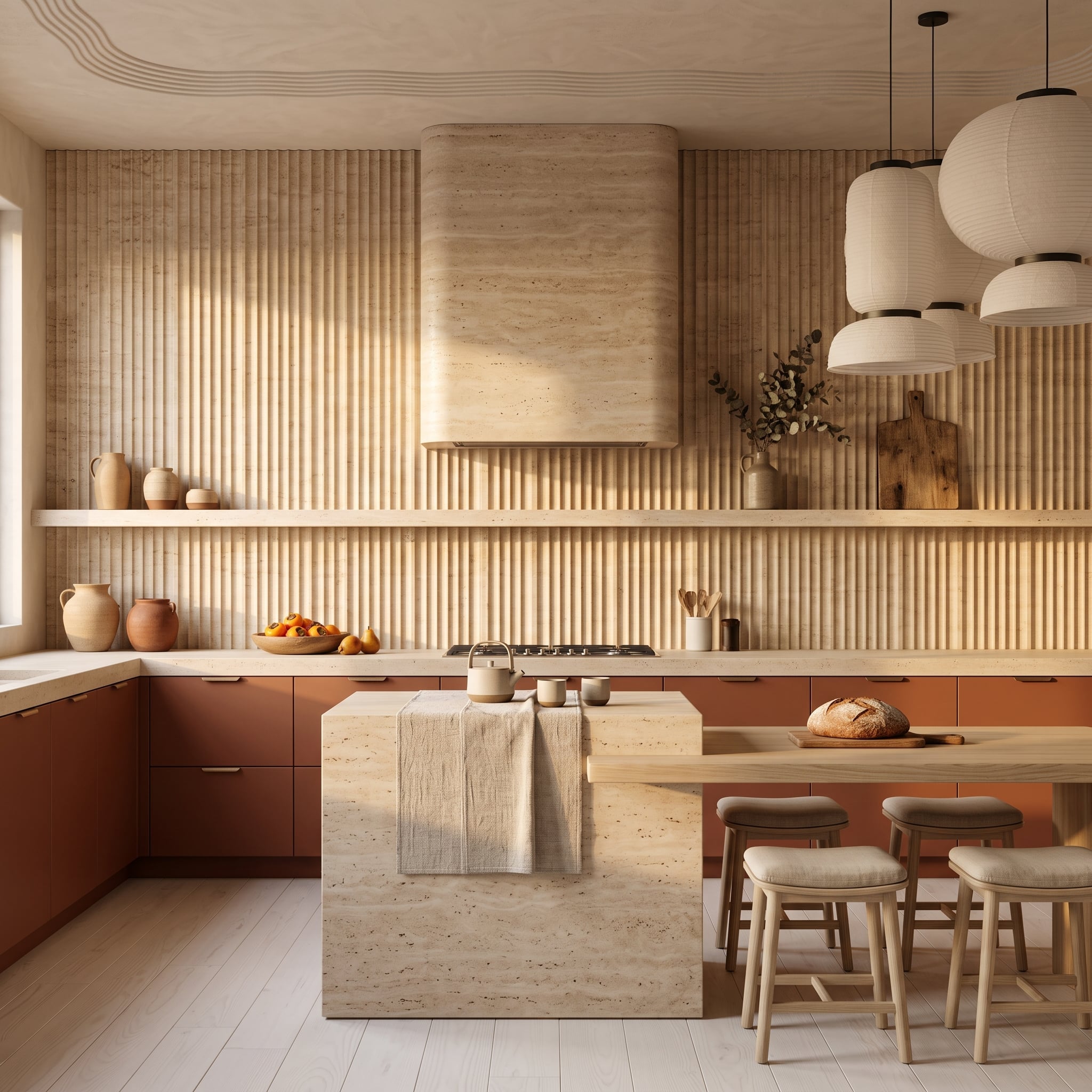 Fluted Travertine Covers Wall-to-Ceiling, and Terracotta Cabinets Hold Their Ground Below