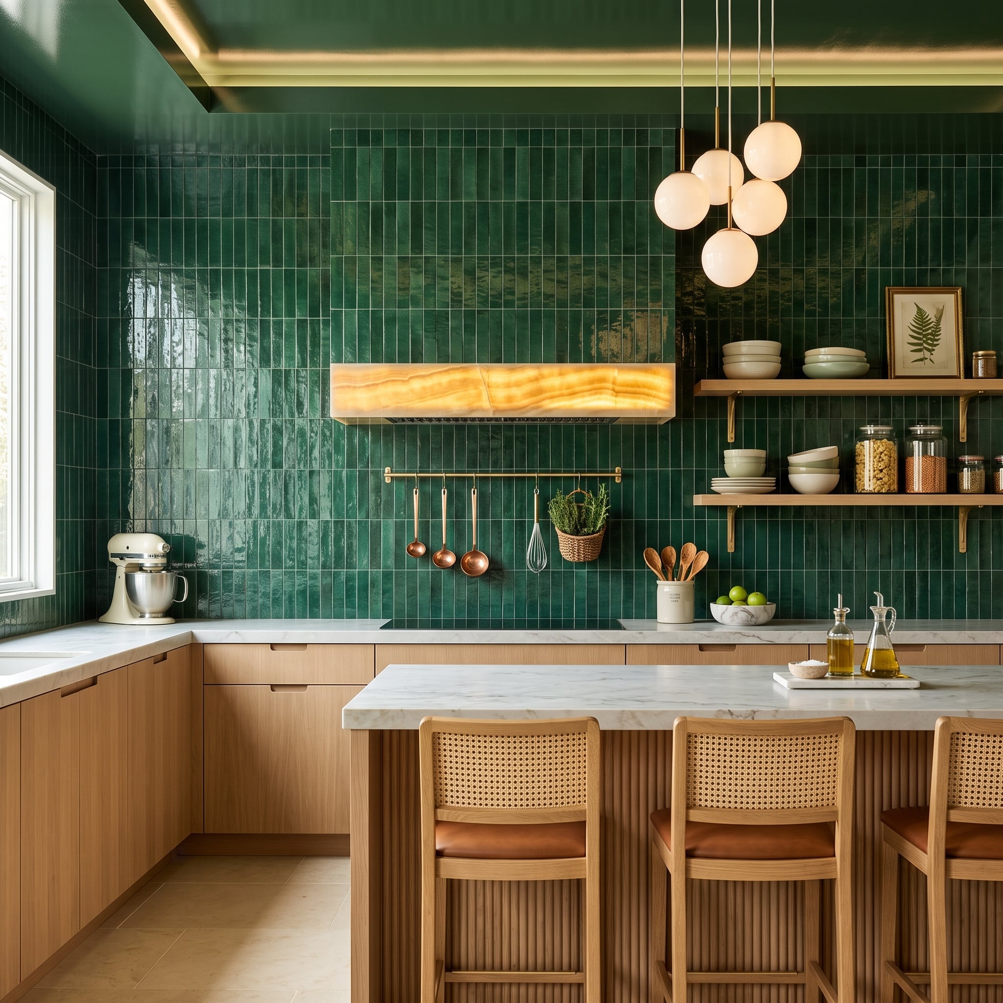 Glazed Green Tile Runs Floor-to-Ceiling, and the Onyx Hood Glows Right Through It