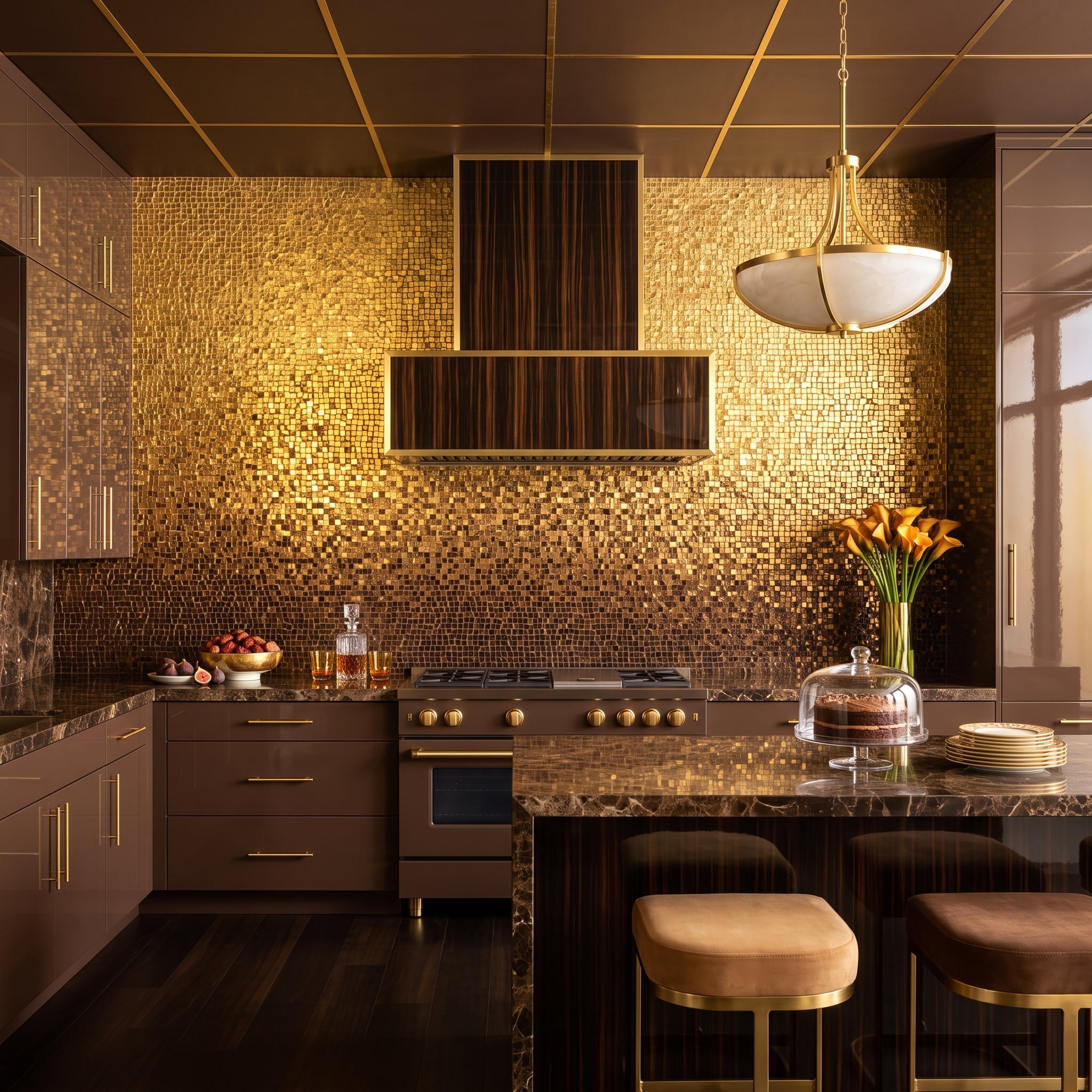 Gold Mosaic Tile Covers the Entire Cooking Wall — Range Hood, Ceiling, and All
