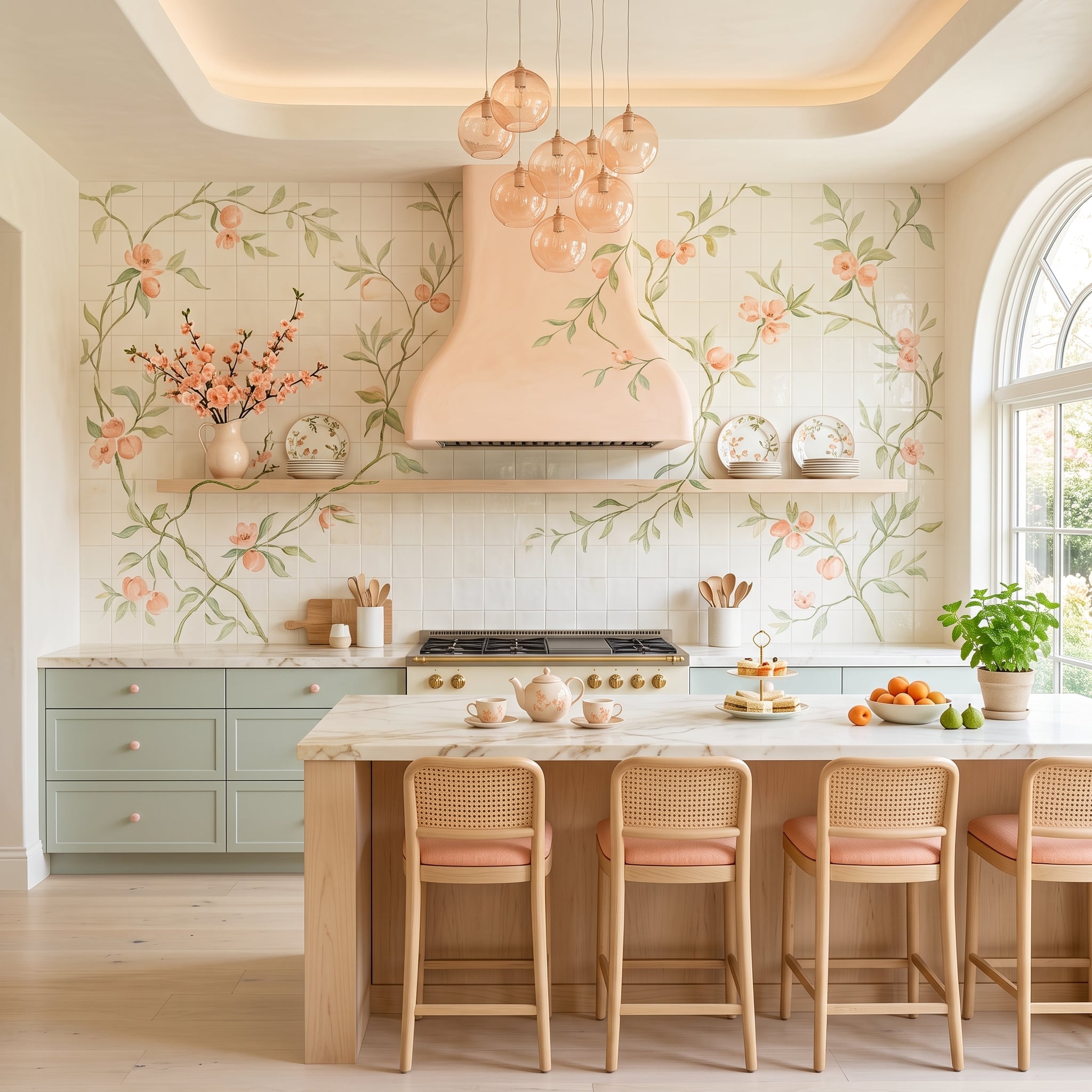 Hand-Painted Floral Tile Covers the Cooking Wall, and the Hood Wears the Garden Too